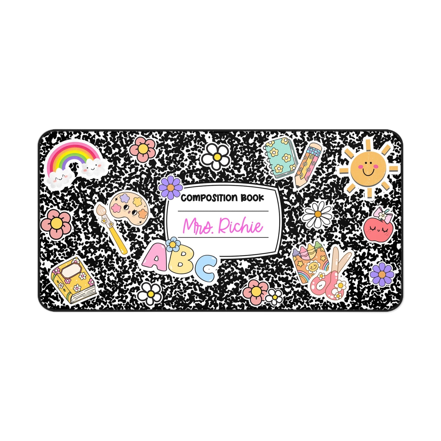 Cute Composition Book Desk Mat for Teachers, Personalized Office Decor, Classroom Gift, Rainbow and Sunshine Design