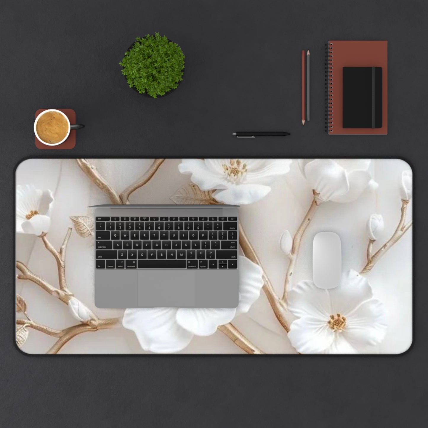 White and Gold Floral Desk Mat, Elegant Floral Desk Mat, Home Office Decor, Computer Mouse Pad, Gift for Her, Stylish Workspace Accessory