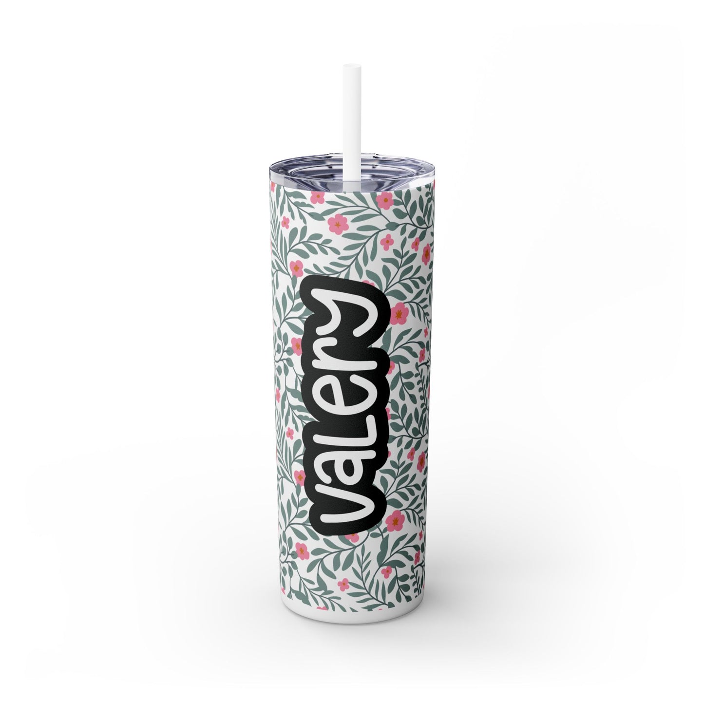 Personalized Floral Skinny Tumbler with Straw, 20oz
