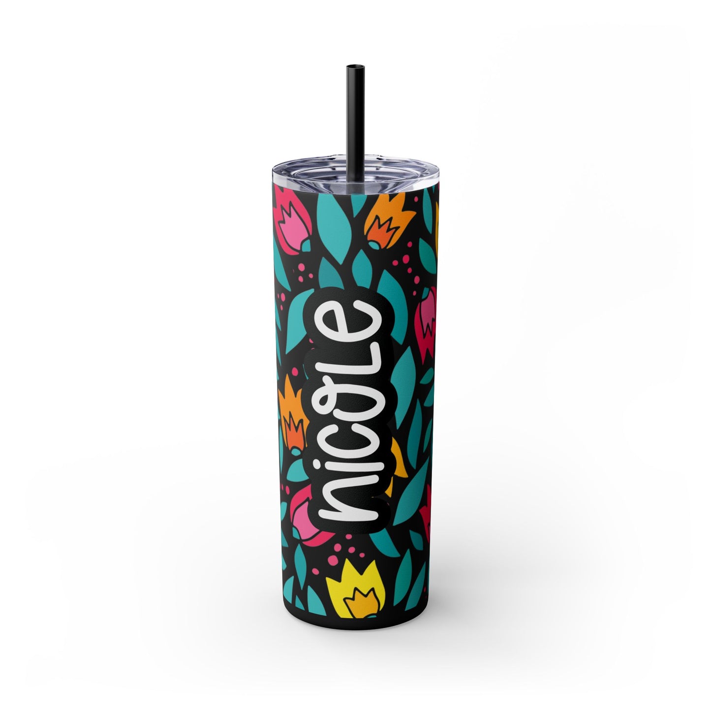 Personalized Floral Skinny Tumbler with Straw, 20oz