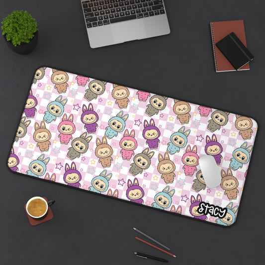 Cute Labubu Desk Mat Pink Checkered for Gamers, Colorful Mouse Pad, Office Decor, Gift for Students, Kawaii Desk Accessory