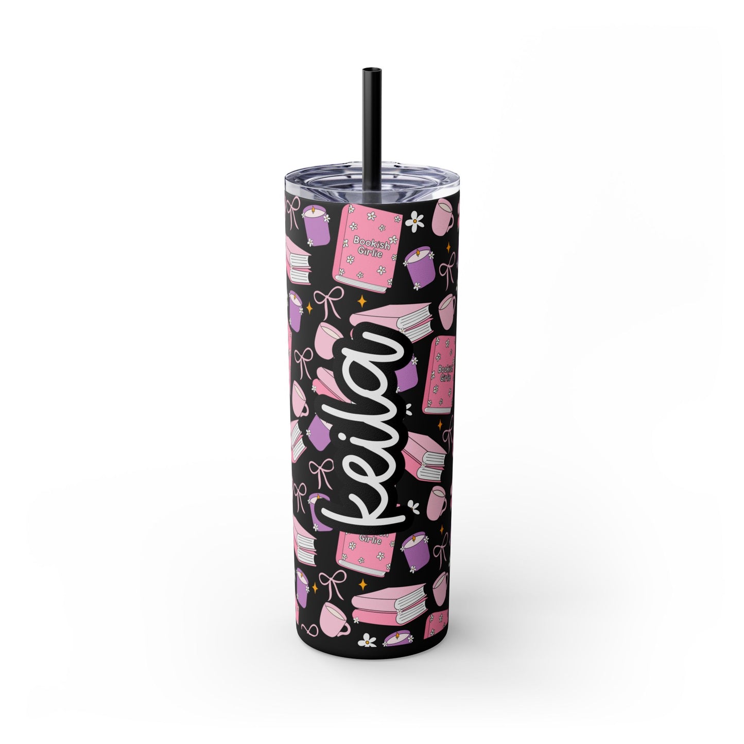 Personalized Bookish Girlie Skinny Tumbler - Black 20oz Tumbler with Straw