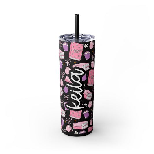 Personalized Bookish Girlie Skinny Tumbler - Black 20oz Tumbler with Straw