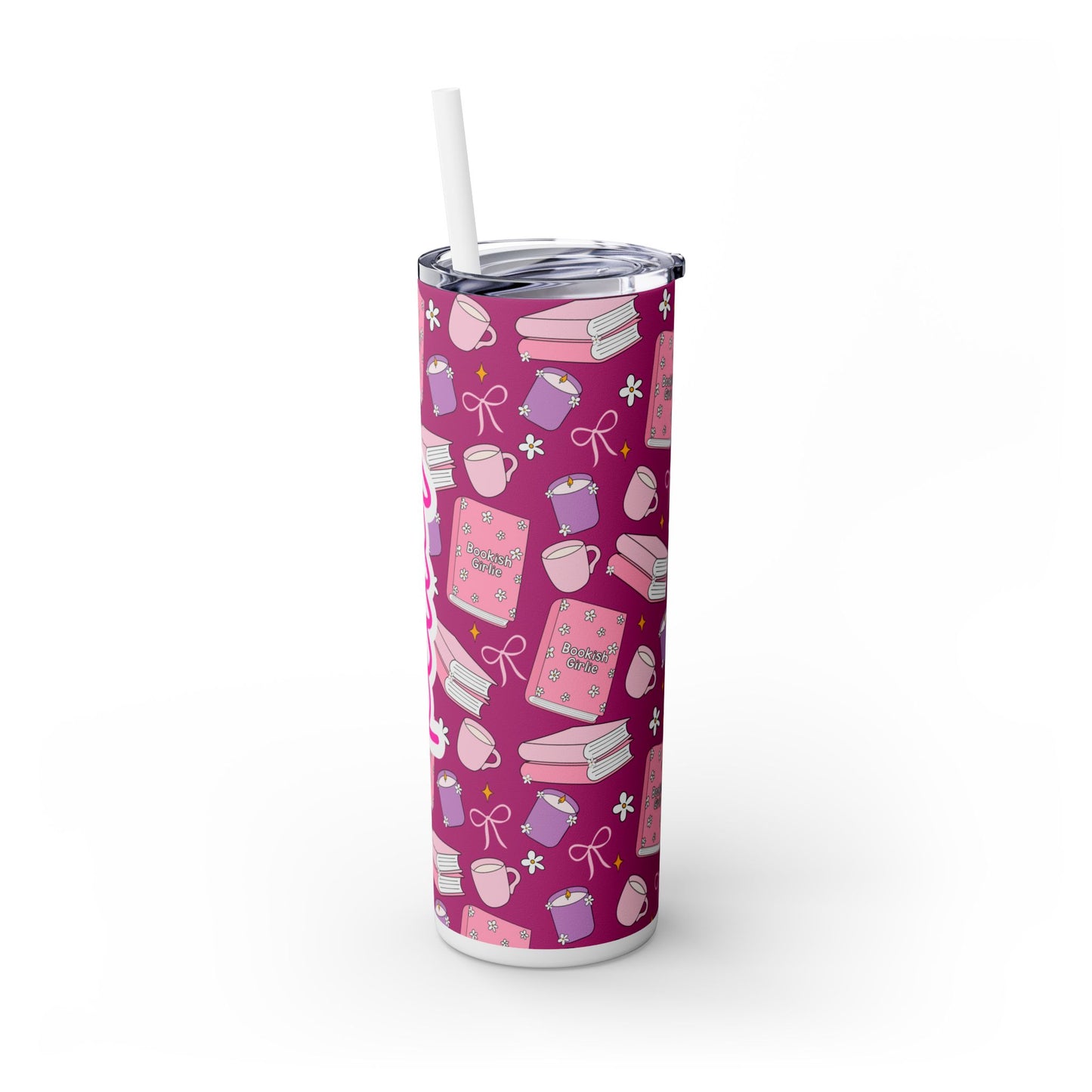 Personalized Bookish Girlie Skinny Tumbler - Pink 20oz Tumbler with Straw
