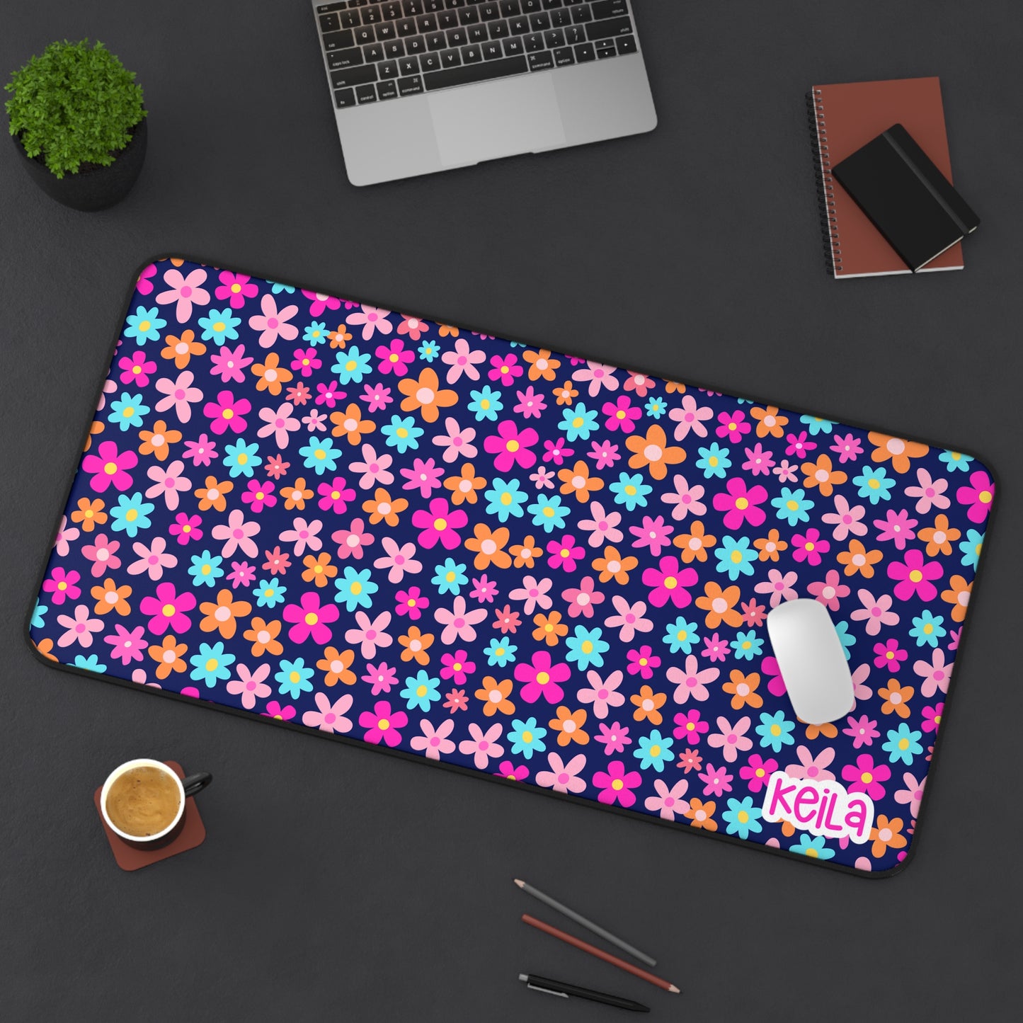 Colorful Floral Desk Mat Navy Blue- Vibrant Office Decor for Home and Work