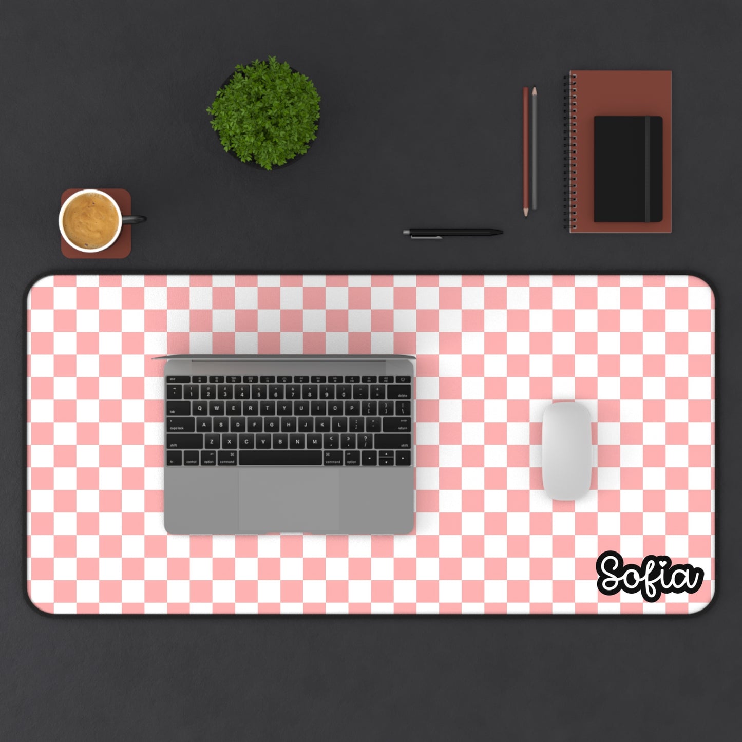Boho Pink Checkered Desk Mat - Boho Chic Desk Mat - Personalized Desk Mat for Women, Office Decor, Gamer Gift, Study Mat, Custom Workstation Accessory
