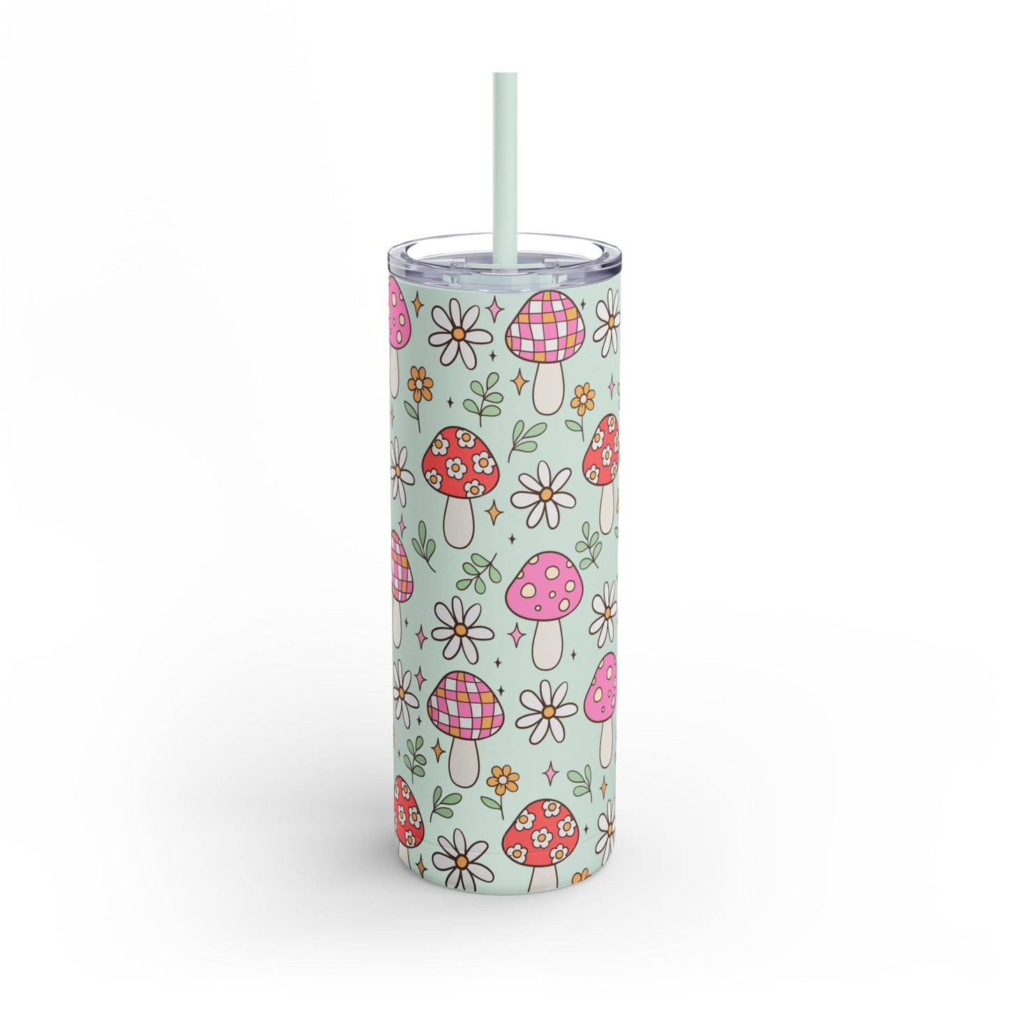 Cute Spring Pink Mushrooms Floral Tumbler - 20oz Seaglass Green