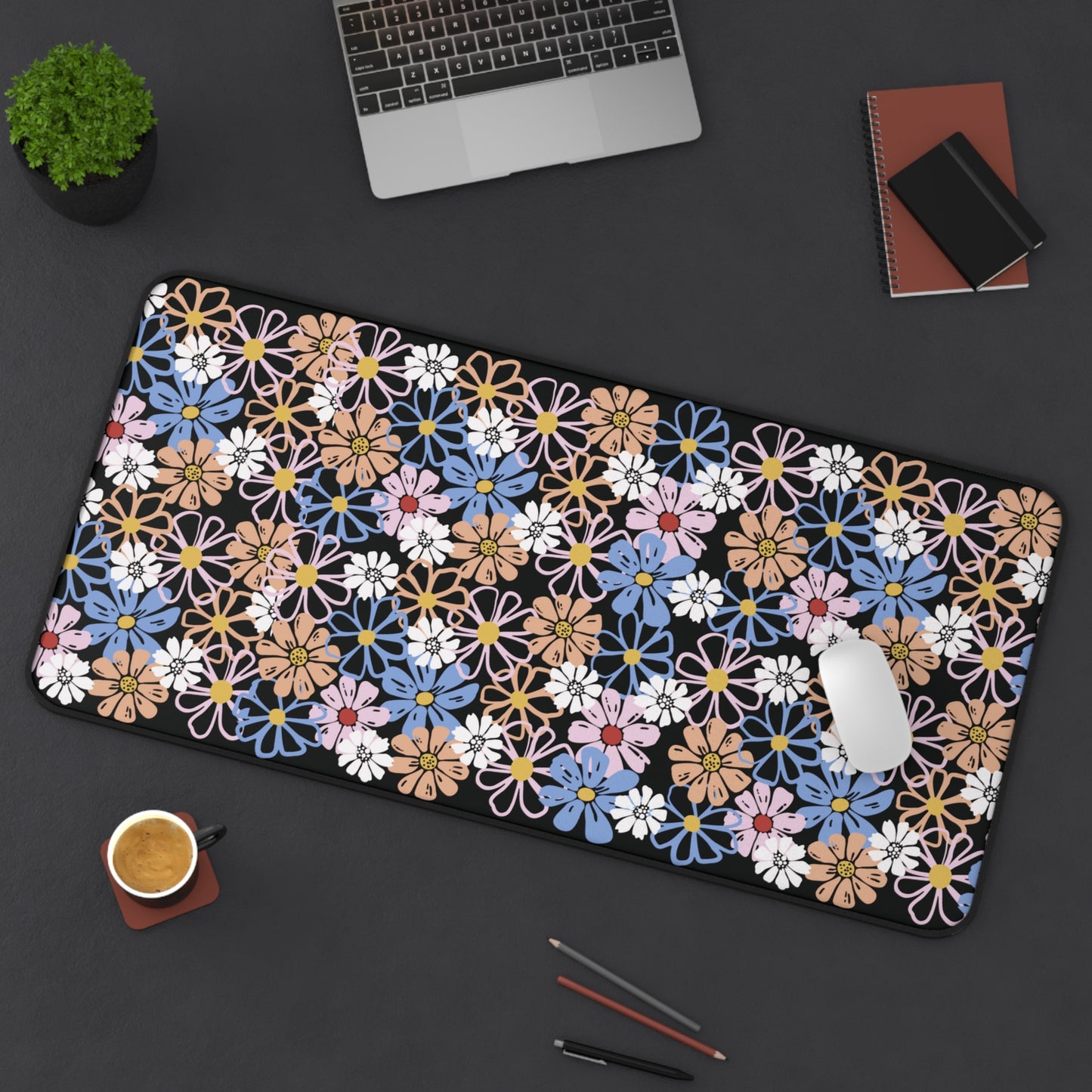 Spring Flowers Desk Mat Black | Cute Desk Pad