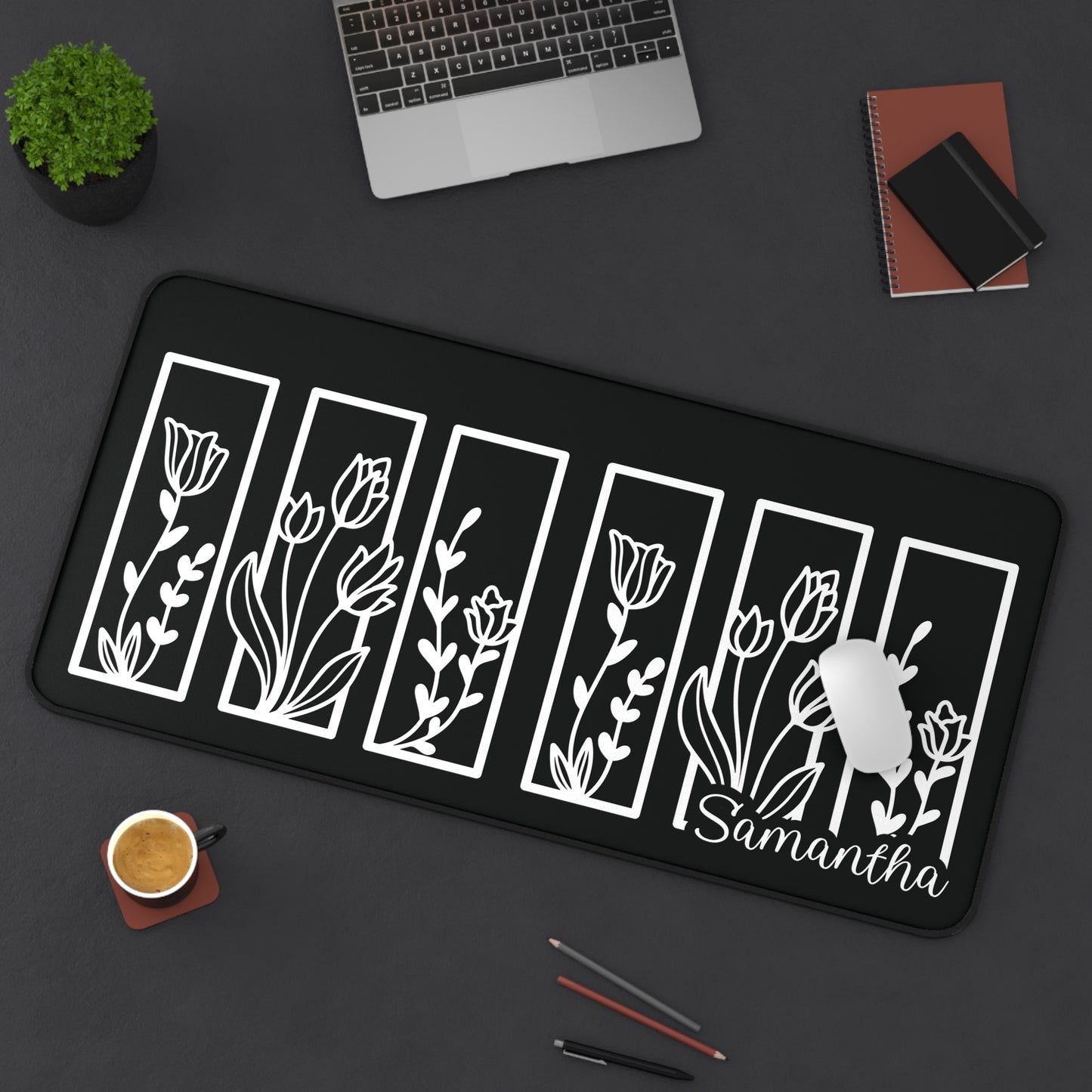 Personalized Black and White Floral Desk Mat | Cute Desk Pad