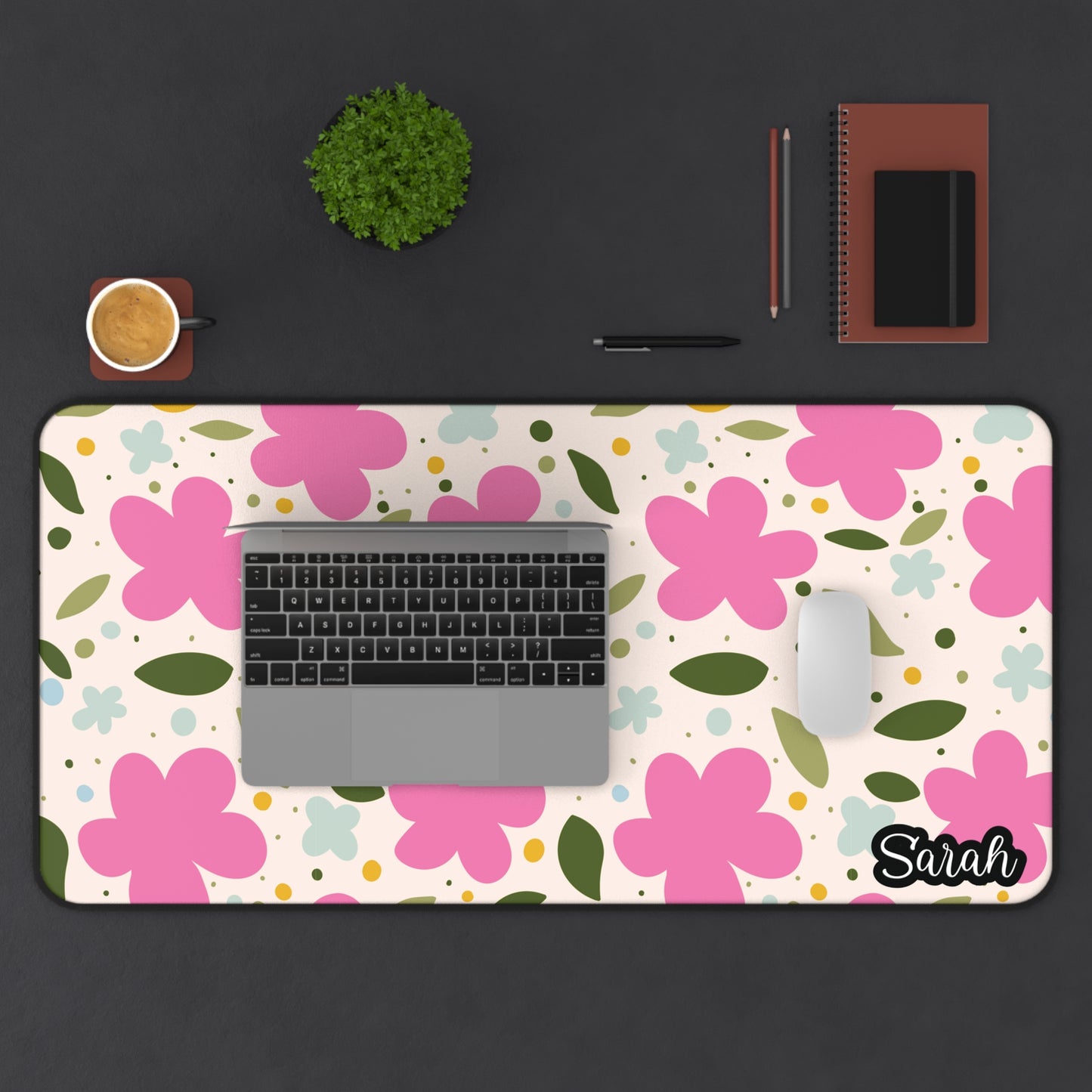 Personalized Pink Flowers and Leaves Desk Mat | Cute Desk Pad