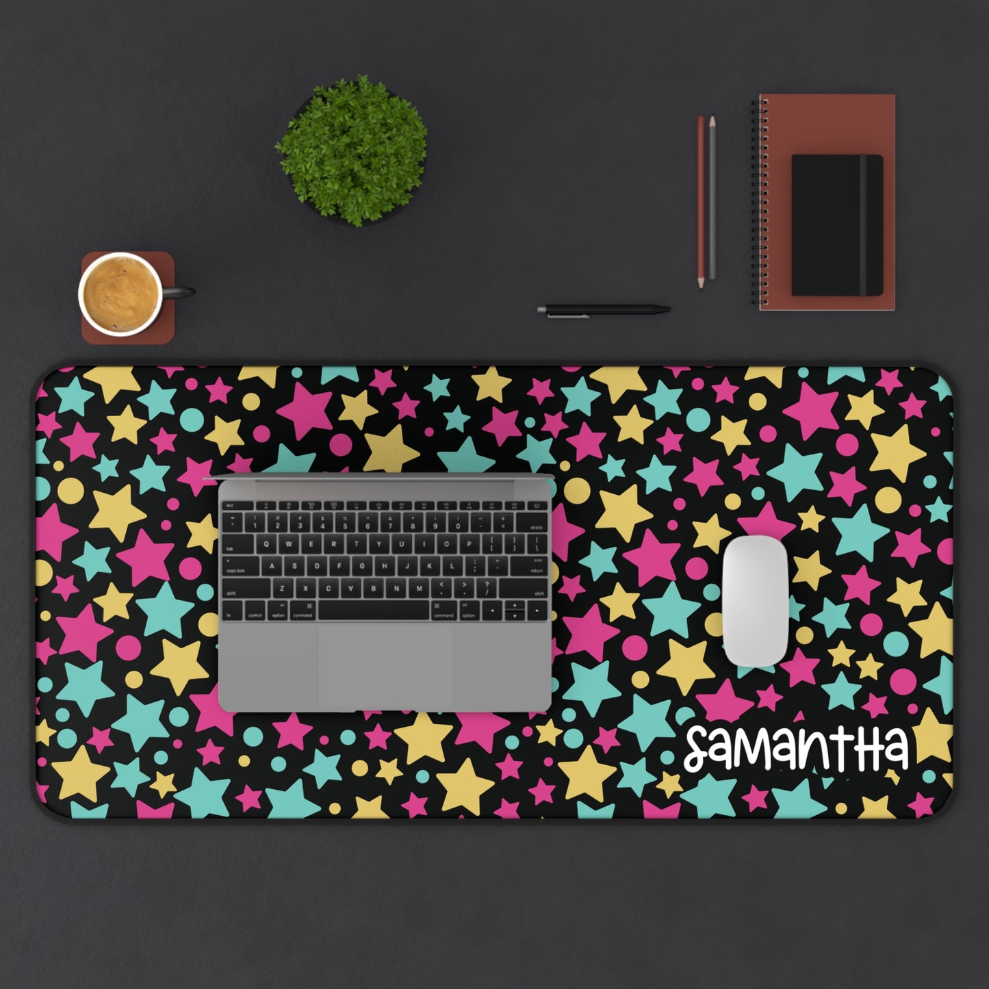 Personalized Colorful Stars Desk Mat Black | Cute Desk Pad