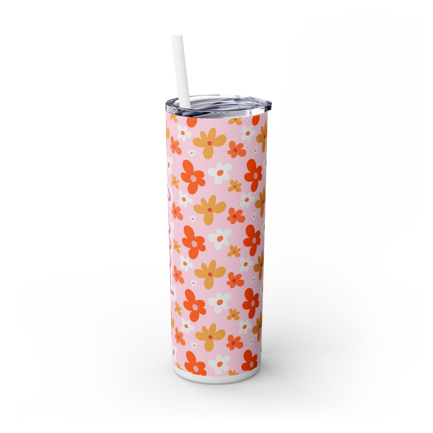 Personalized Floral Skinny Tumbler with Straw - 20oz Travel Cup