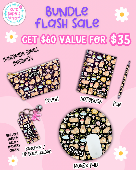Matching Capybara mousepad, notebook, pen, pouch and bag charm/key chain lip balm holder (black)- Personalization option available!