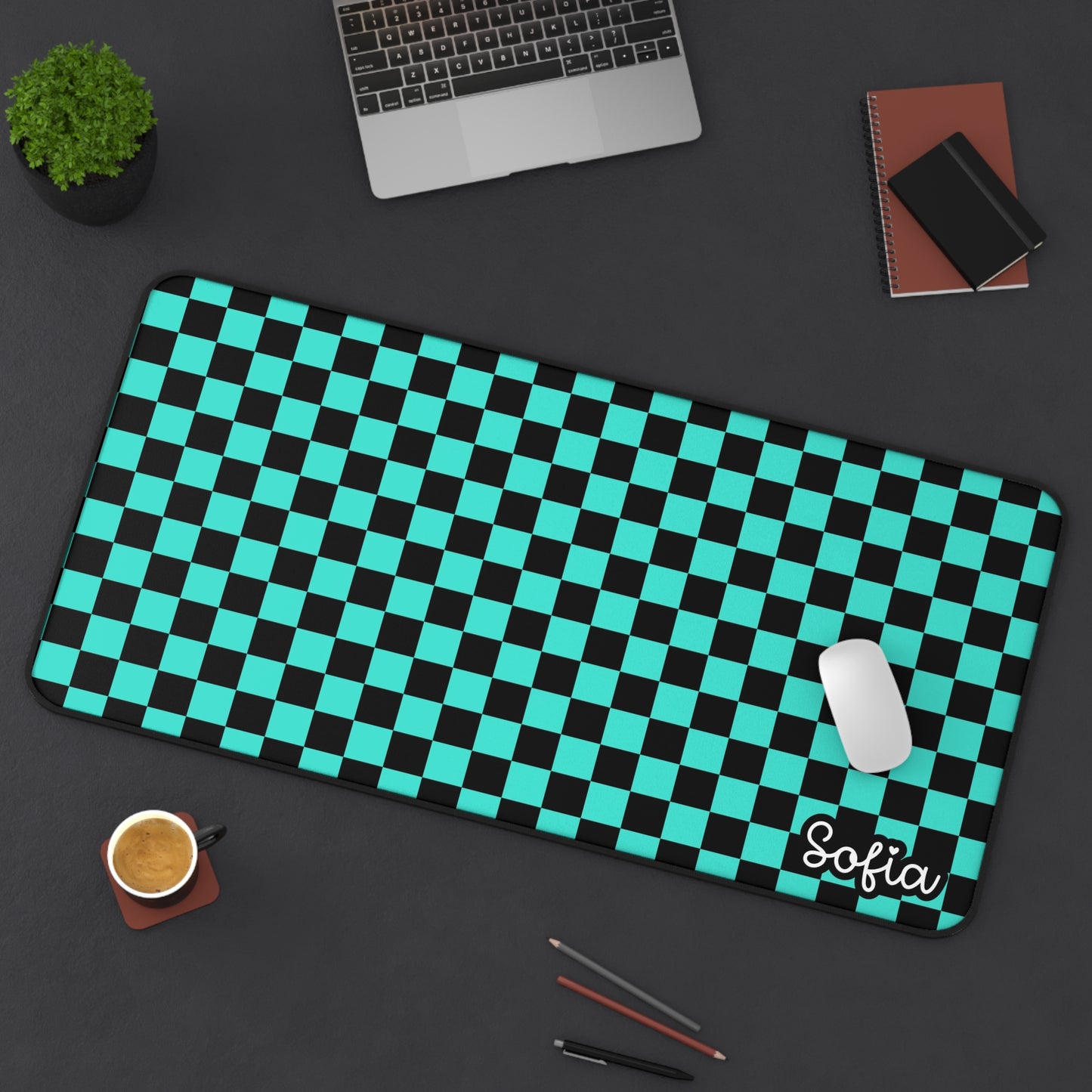 Personalized Checkerboard Desk Mat (black & turquoise checkers) - Custom Office Accessories, Office Decor, Gift for Him/Her, Gaming Mat, Student Supplies