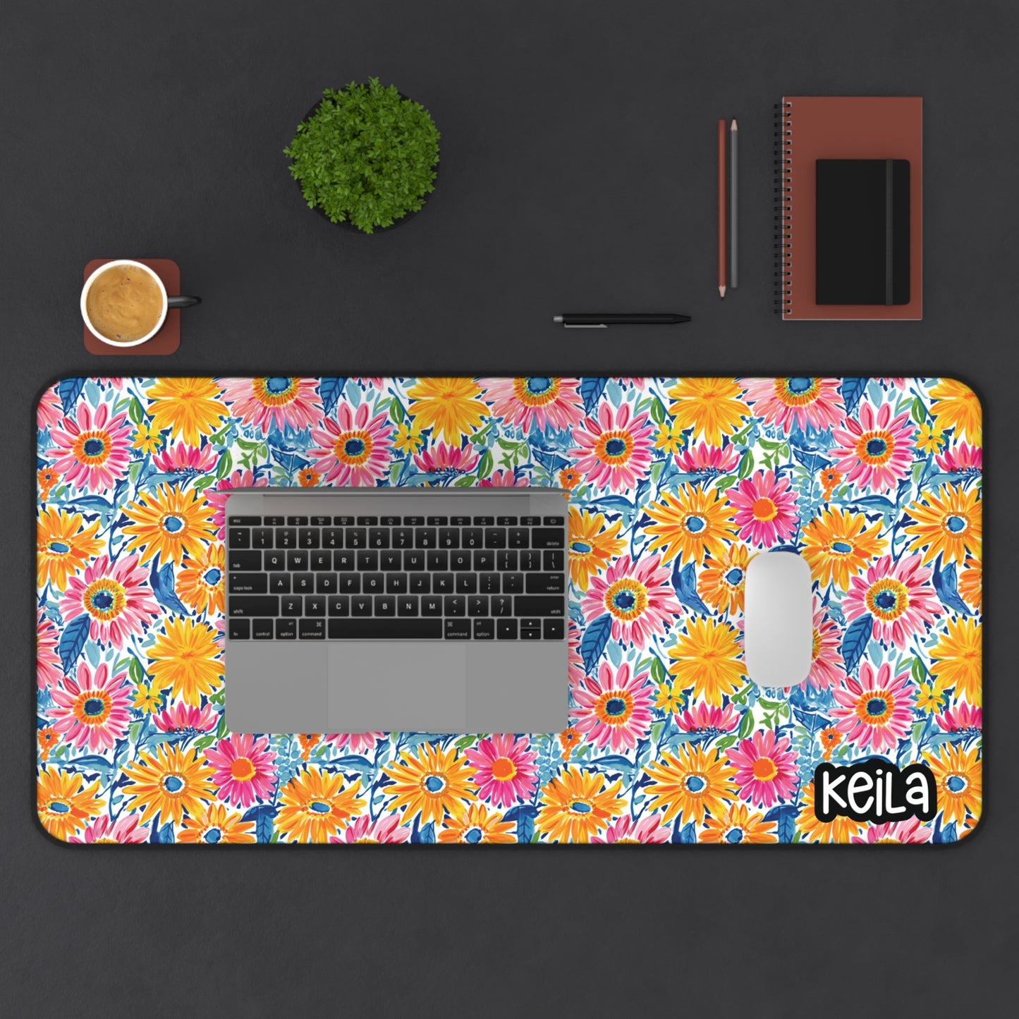 Personalized Cute Yellow Pink Blue Floral Desk Mat | Cute Desk Pads