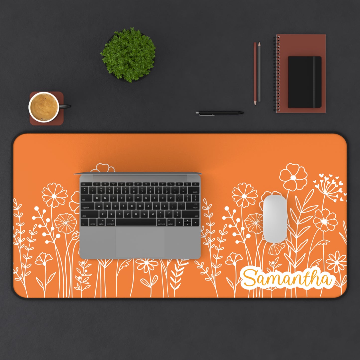Minimalist Flower Field Personalized Desk Mat Orange | Personalized Desk Mat | Cute Desk Pad