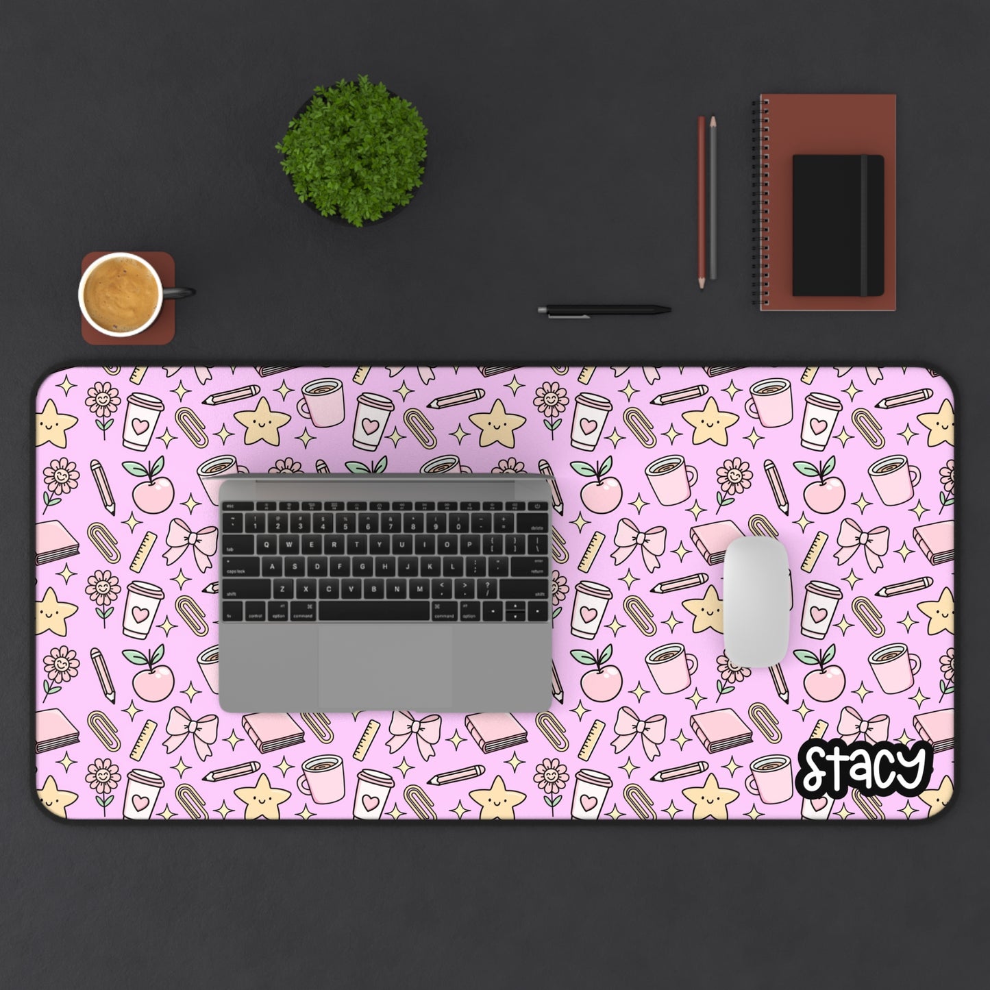 Cute Teacher Themed Desk Mat Pink, Charming Desk Mat with Cute Stationery Design, Office Decor, Custom Desk Accessories, Gift for Students, Aesthetic Work Space