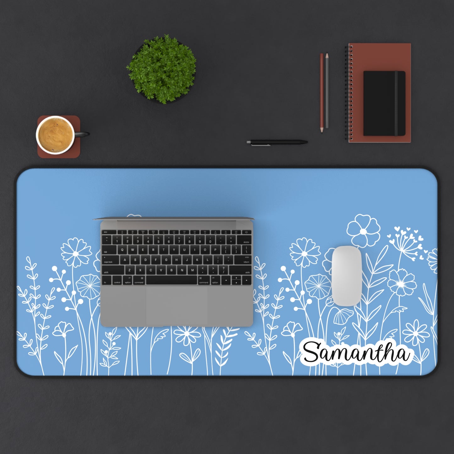 Minimalist Flower Field Personalized Desk Mat Baby Blue | Cute Desk Pad