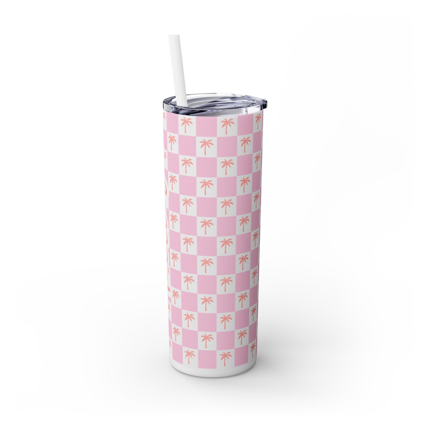 Personalized Tropical Palm Pink Skinny Tumbler with Straw - 20oz, Customizable Keila Design