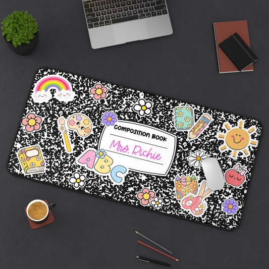 Cute Composition Book Desk Mat for Teachers, Personalized Office Decor, Classroom Gift, Rainbow and Sunshine Design