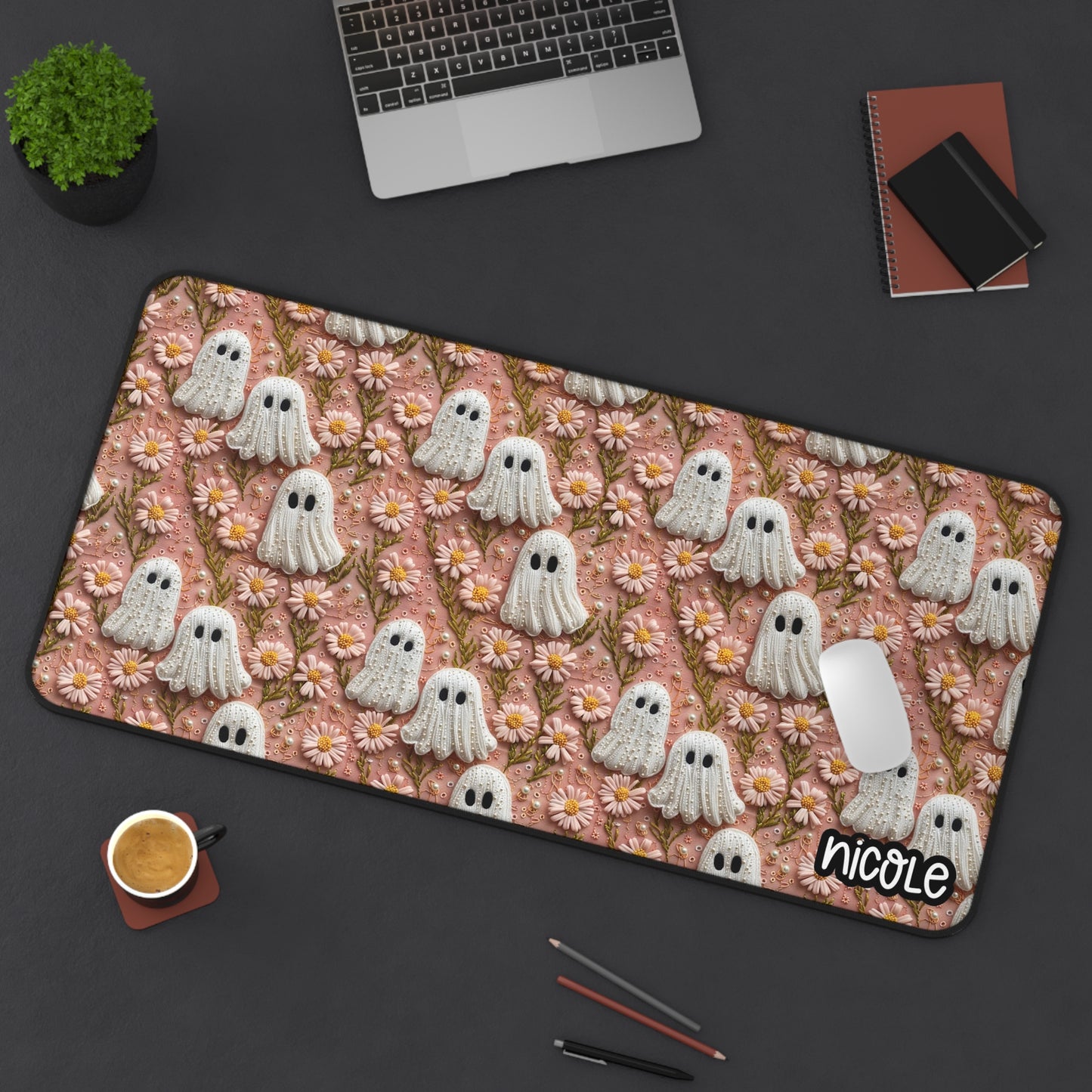 Whimsical Ghosts Desk Mat - 3D Embroidered Style Ghosty Desk Mat - Fun Home Office Decor, Spooky Season Gift, Gaming Accessories, Halloween Decor