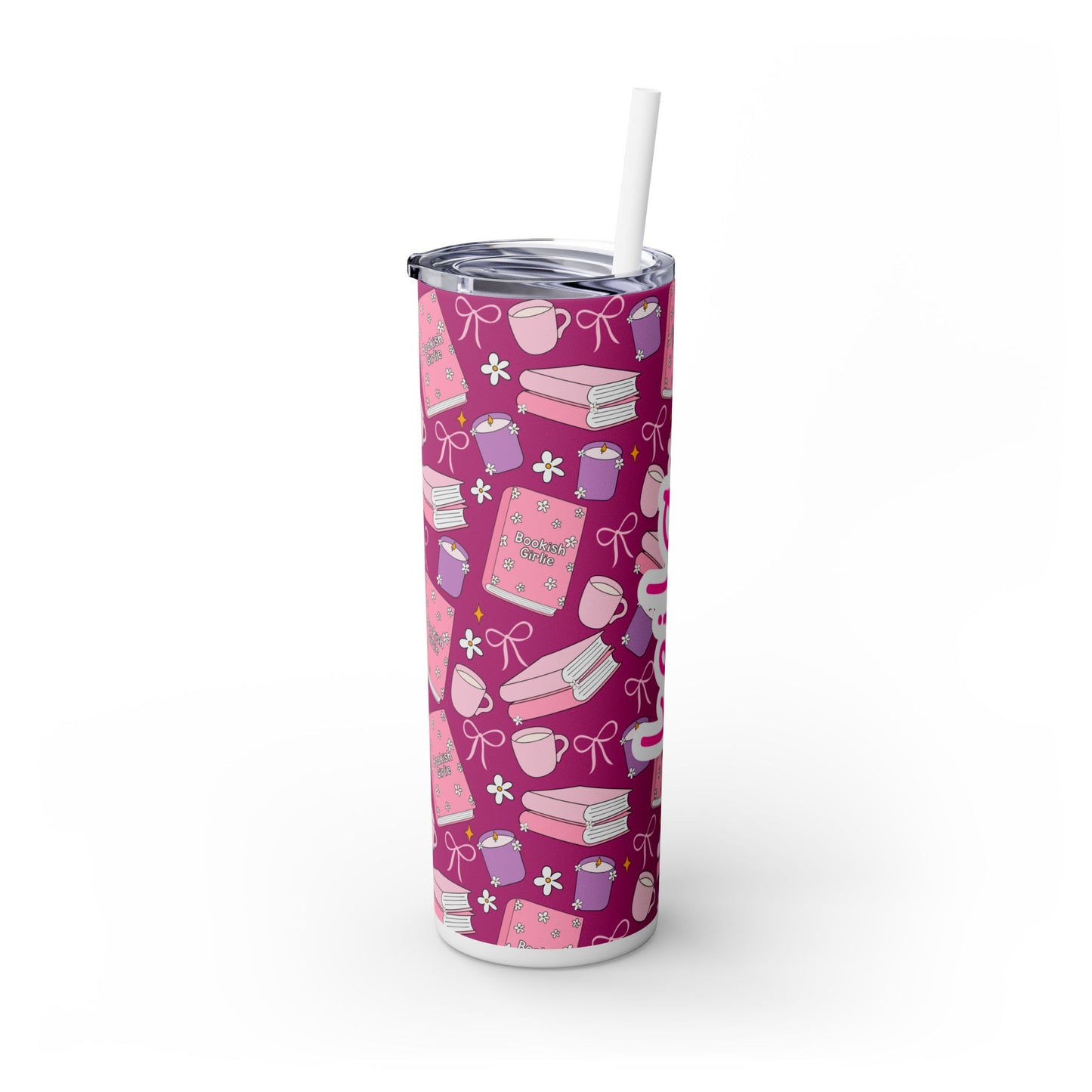 Personalized Bookish Girlie Skinny Tumbler - Pink 20oz Tumbler with Straw