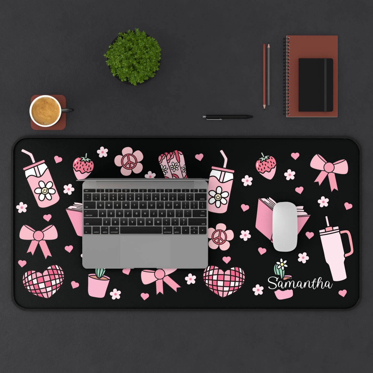 Custom Pink & Black Aesthetic Desk Mat – Personalized Name | Pink Cowgirl Boots, Books, Bows & Blossoms Design