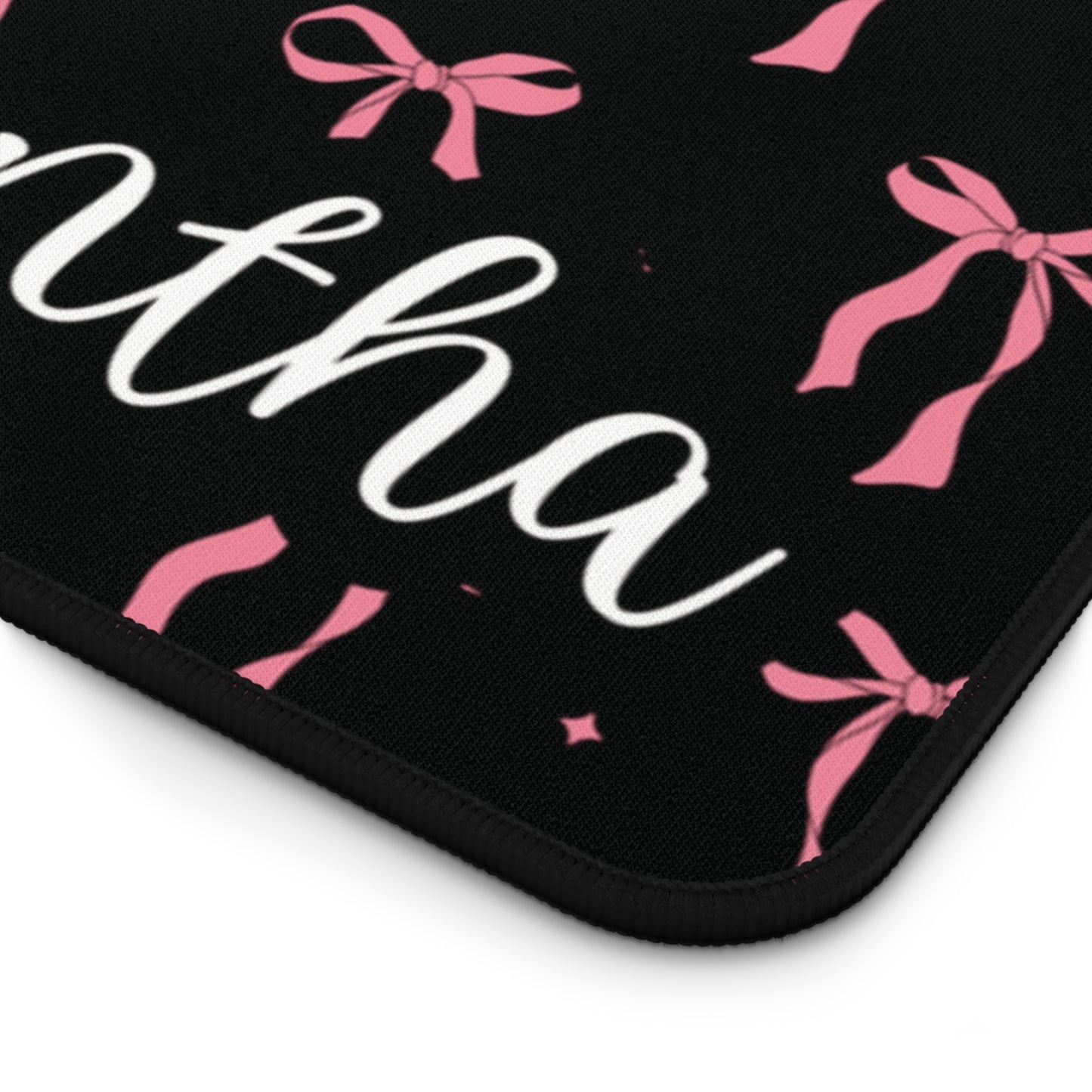 Personalized Coquette Pink Bows Black Desk Mat | Cute Desk Pad