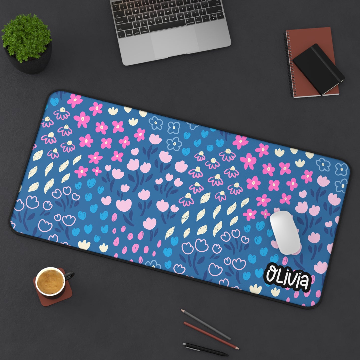 Personalized Floral Blue Background Desk Mat | Cute Desk Pad