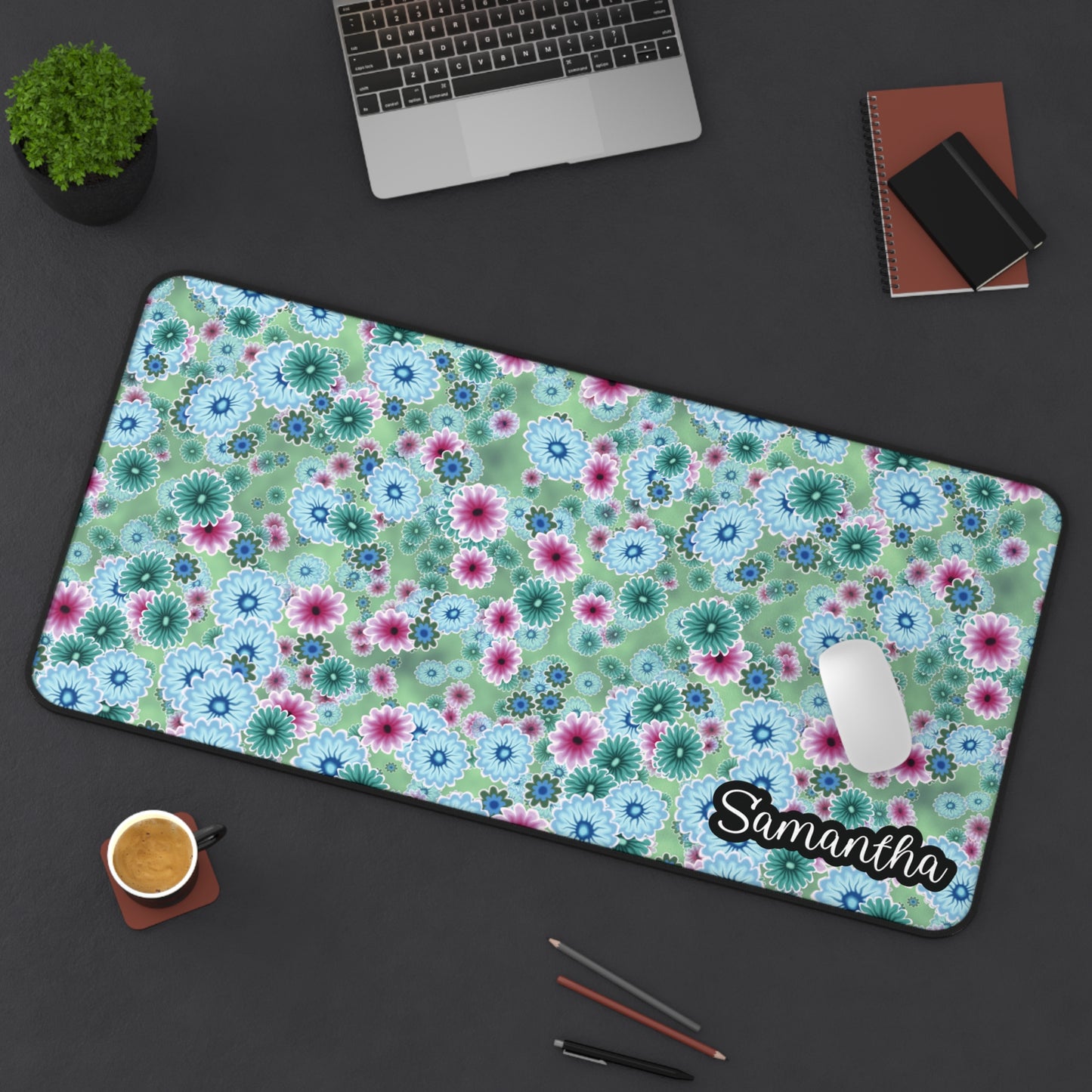Personalized Teal Flowers Desk Mat | Cute Desk Pad
