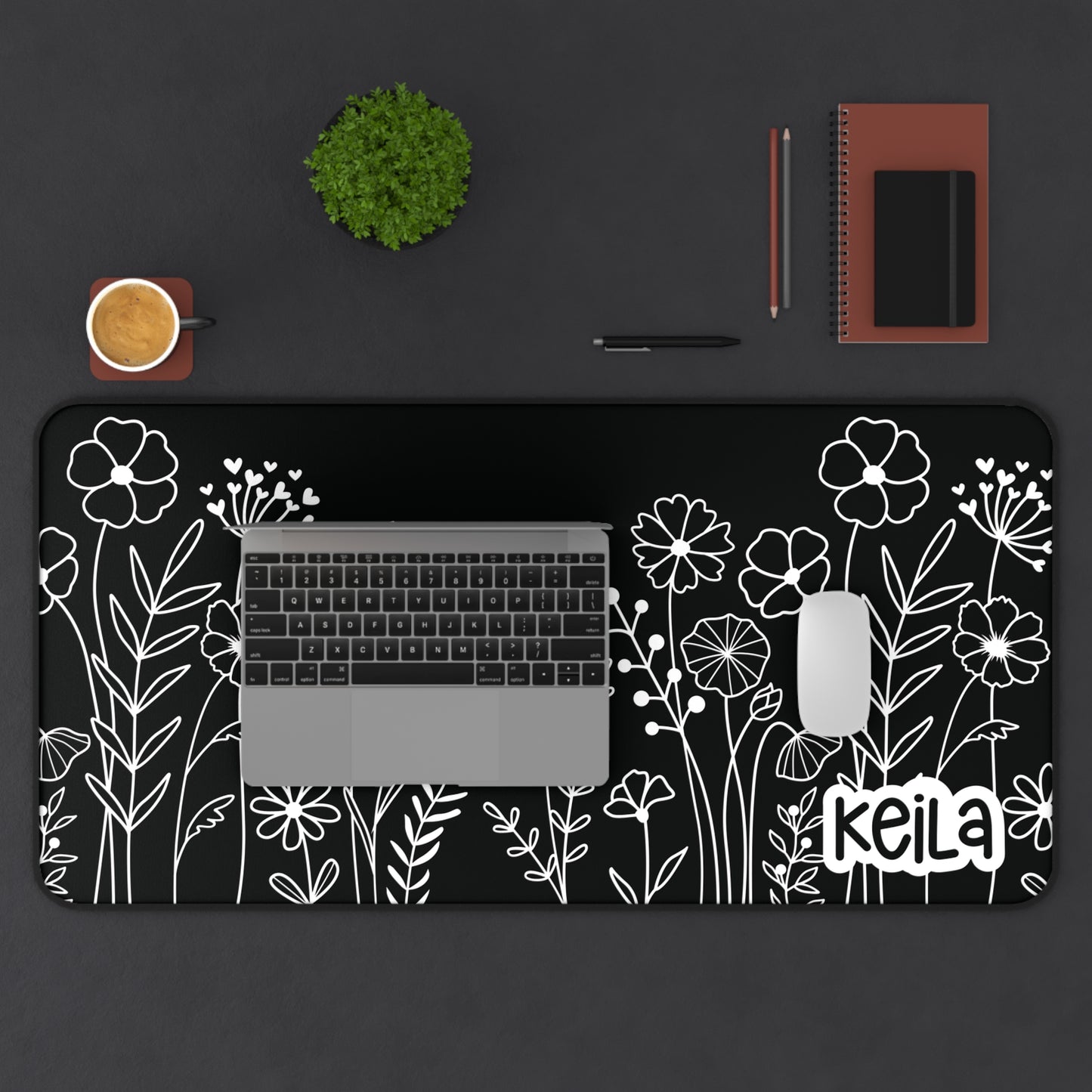 Personalized Black and White Flowers Desk Mat | Cute Desk Pad