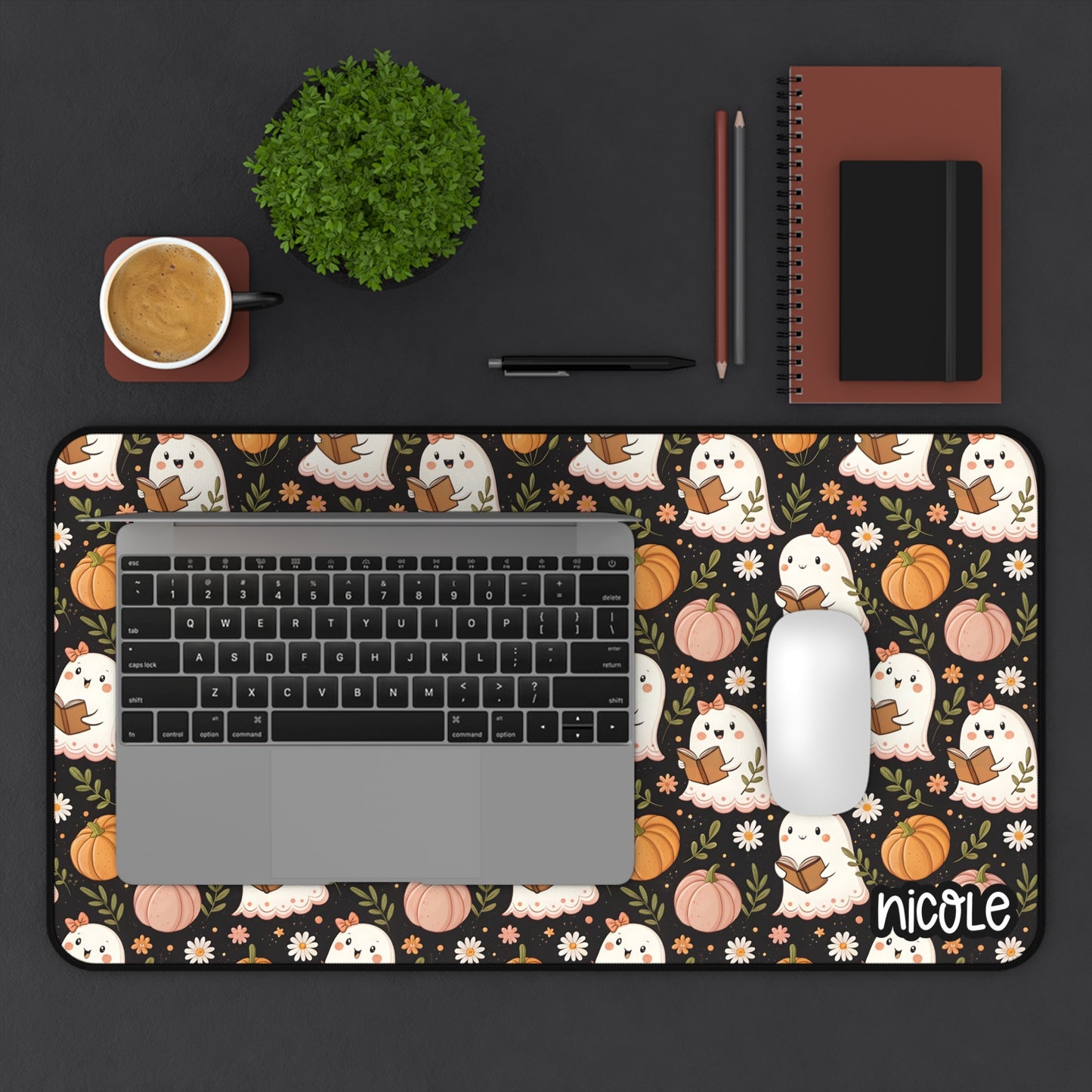 Cute Bookish Ghosty Themed Desk Mat, Cute Halloween Desk Mat with Adorable Ghosts and Pumpkins, Personalized Office Decor, Gamer Gift, Seasonal Home Office Accessory, Fall Vibes