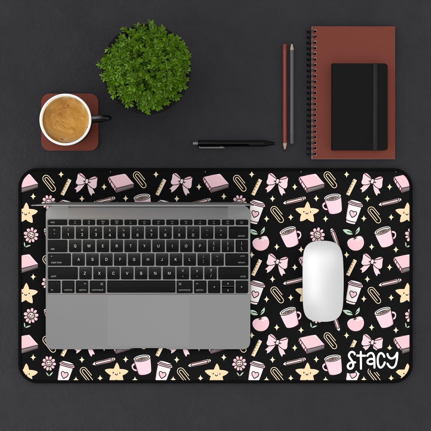 Cute Teacher Themed Desk Mat Black, Charming Desk Mat with Cute Stationery Design, Office Decor, Custom Desk Accessories, Gift for Students, Aesthetic Work Space