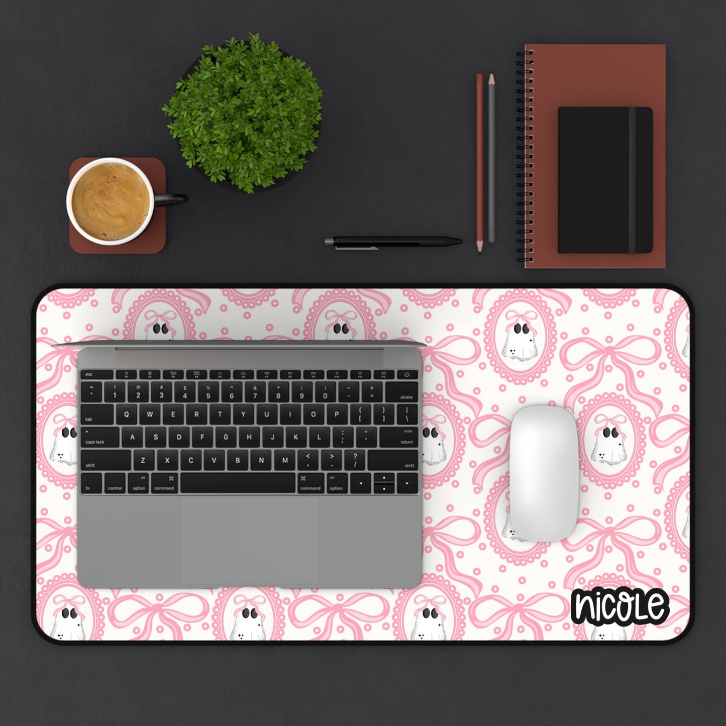 Pink Coquette Ghosty Desk Mat - Sweet Gift for Office Decor, Laptop, Gaming, Home Office, Easter, Spring