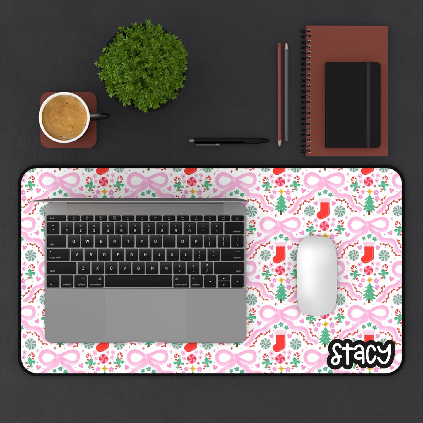 Pink Christmas Desk Mat | Coquette Christmas Tree & Stockings Desk Mat