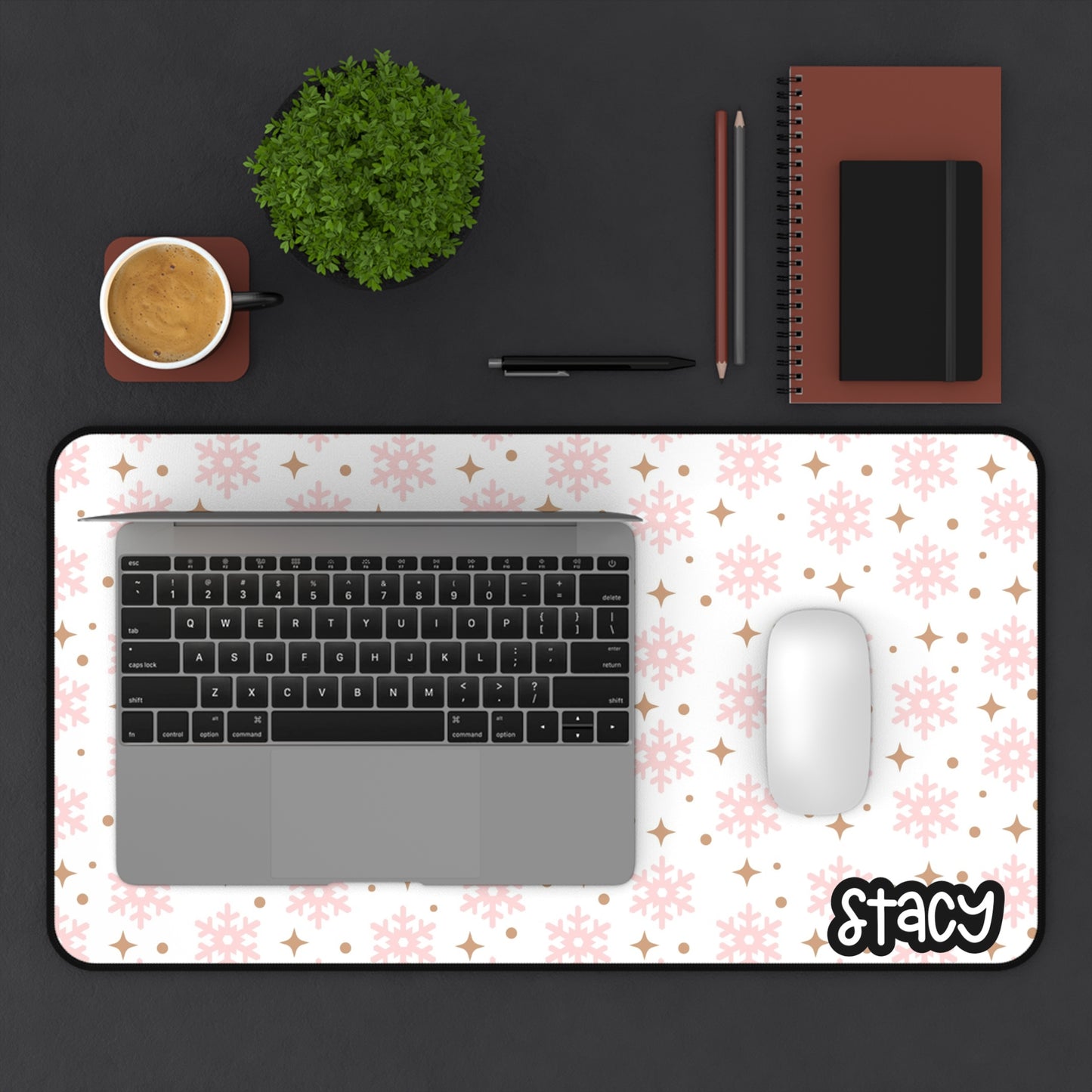 White Christmas Pink Snowflakes Desk Mat