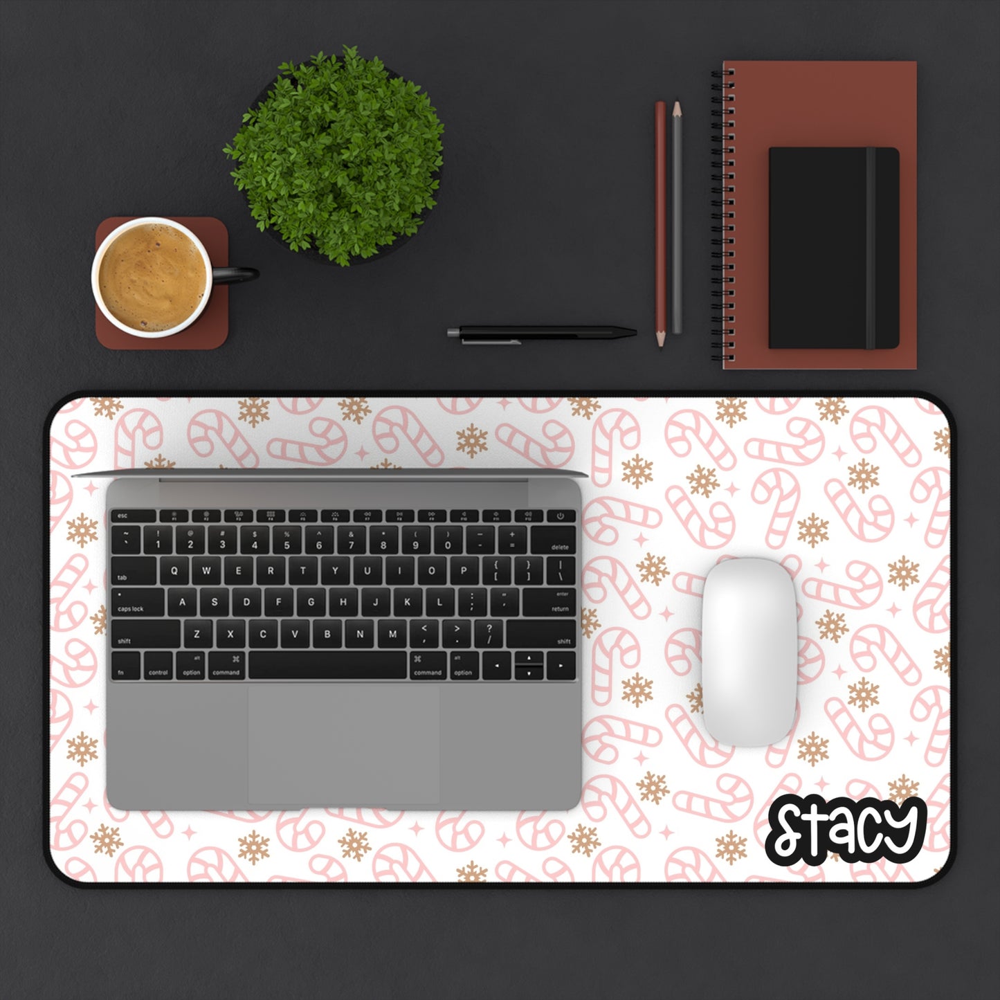 Pink Candycane & Gold Snowflakes Desk Mat
