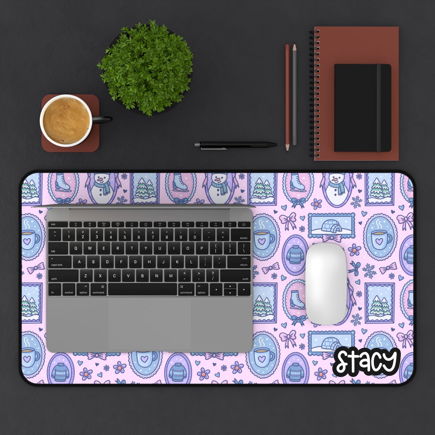 Coffee & Snowman Themed Desk Mat (pink) | Whimsical Desk Mat with Playful Patterns