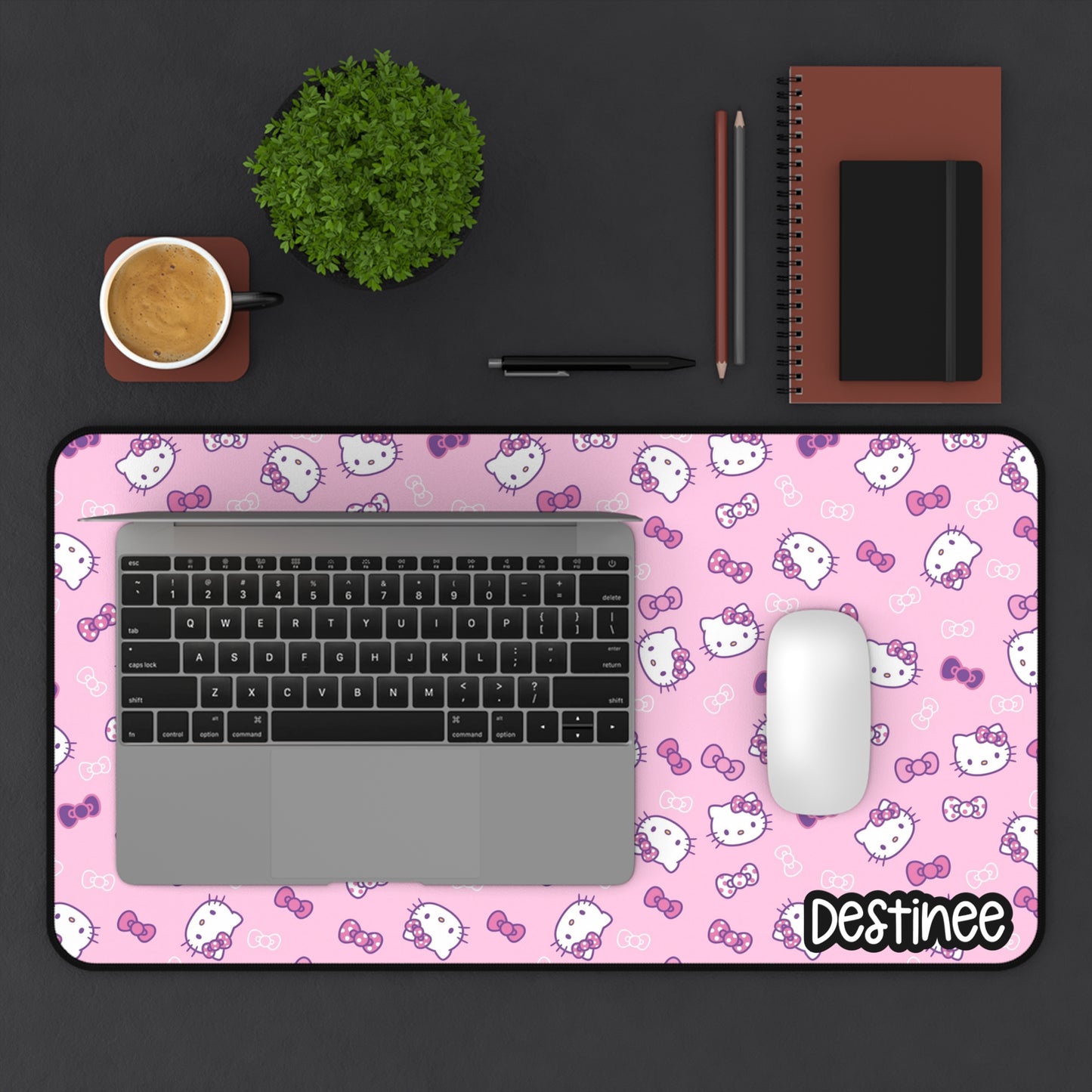 Pink Kawaii Kitty Pattern Desk Mat — Personalized Cute Kitty Mouse Pad