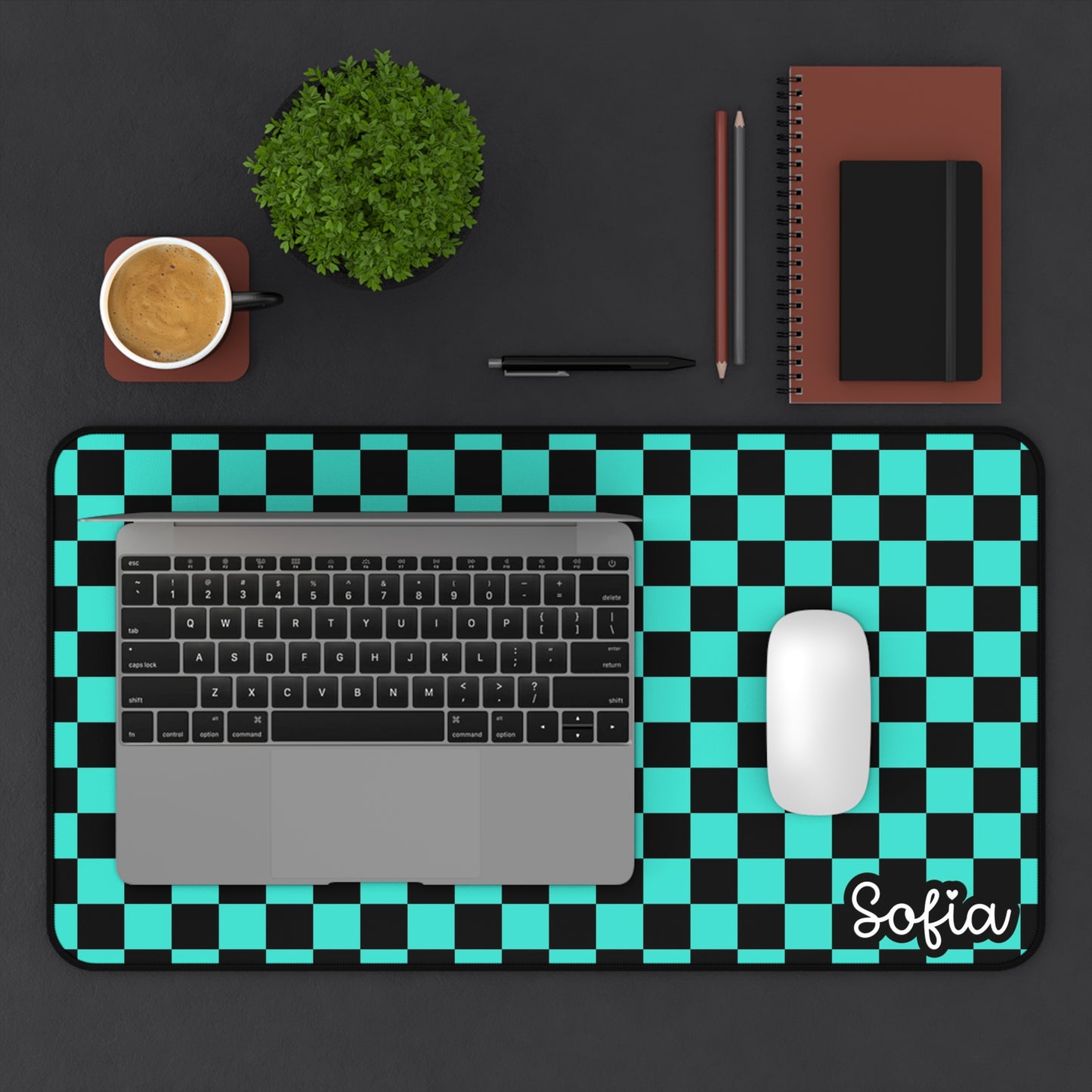 Personalized Checkerboard Desk Mat (black & turquoise checkers) - Custom Office Accessories, Office Decor, Gift for Him/Her, Gaming Mat, Student Supplies