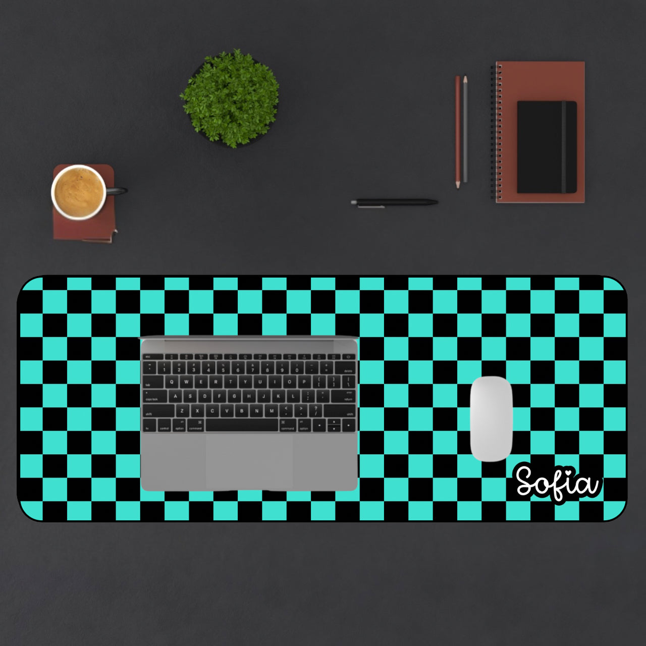 Personalized Checkerboard Desk Mat (black & turquoise checkers) - Custom Office Accessories, Office Decor, Gift for Him/Her, Gaming Mat, Student Supplies