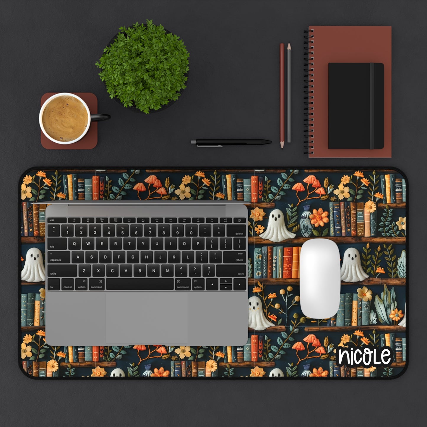Bookish Spooky Ghost Desk Mat - Halloween Decor, Home Office, Gamer Gift, Unique Desk Accessory, Personalized Mat