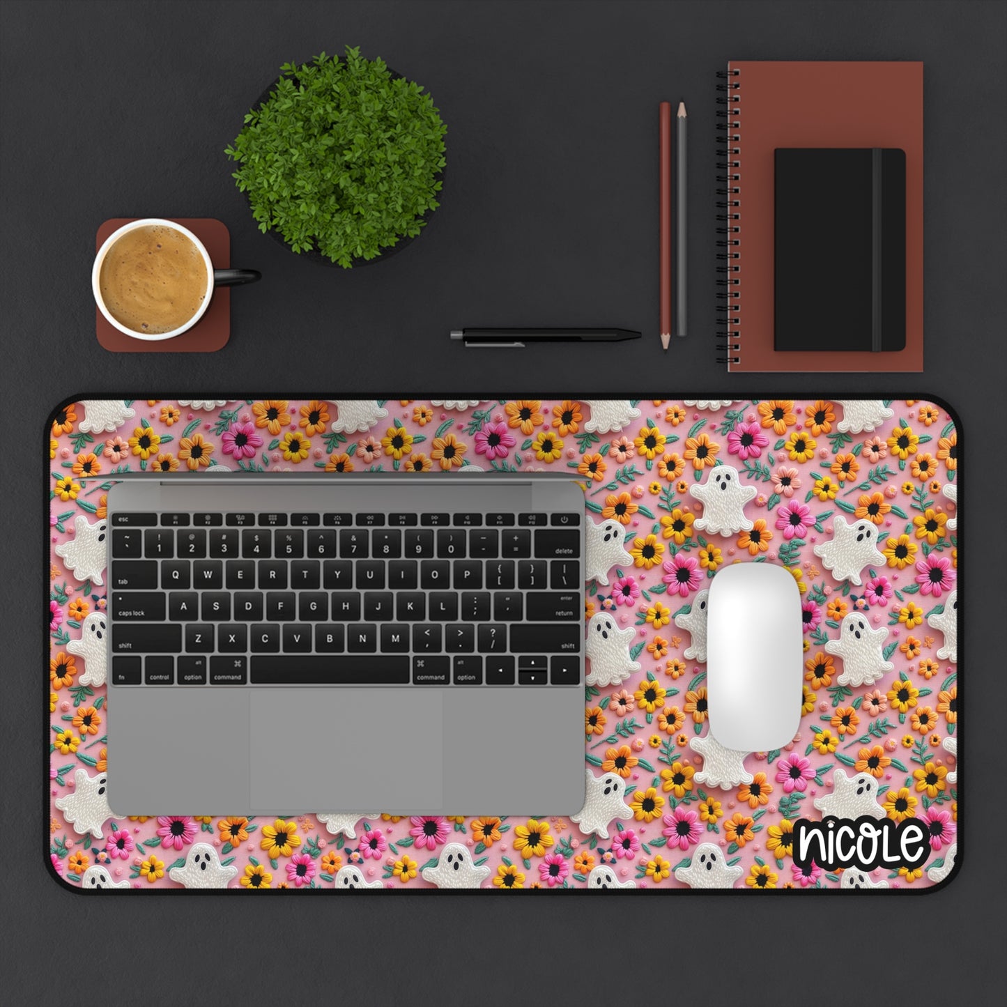 Embroidery Floral Ghost Desk Mat with Personalization, Cute Desk Accessory, Office Decor, Gifts for Her, Halloween Decor, Home Office Essentials