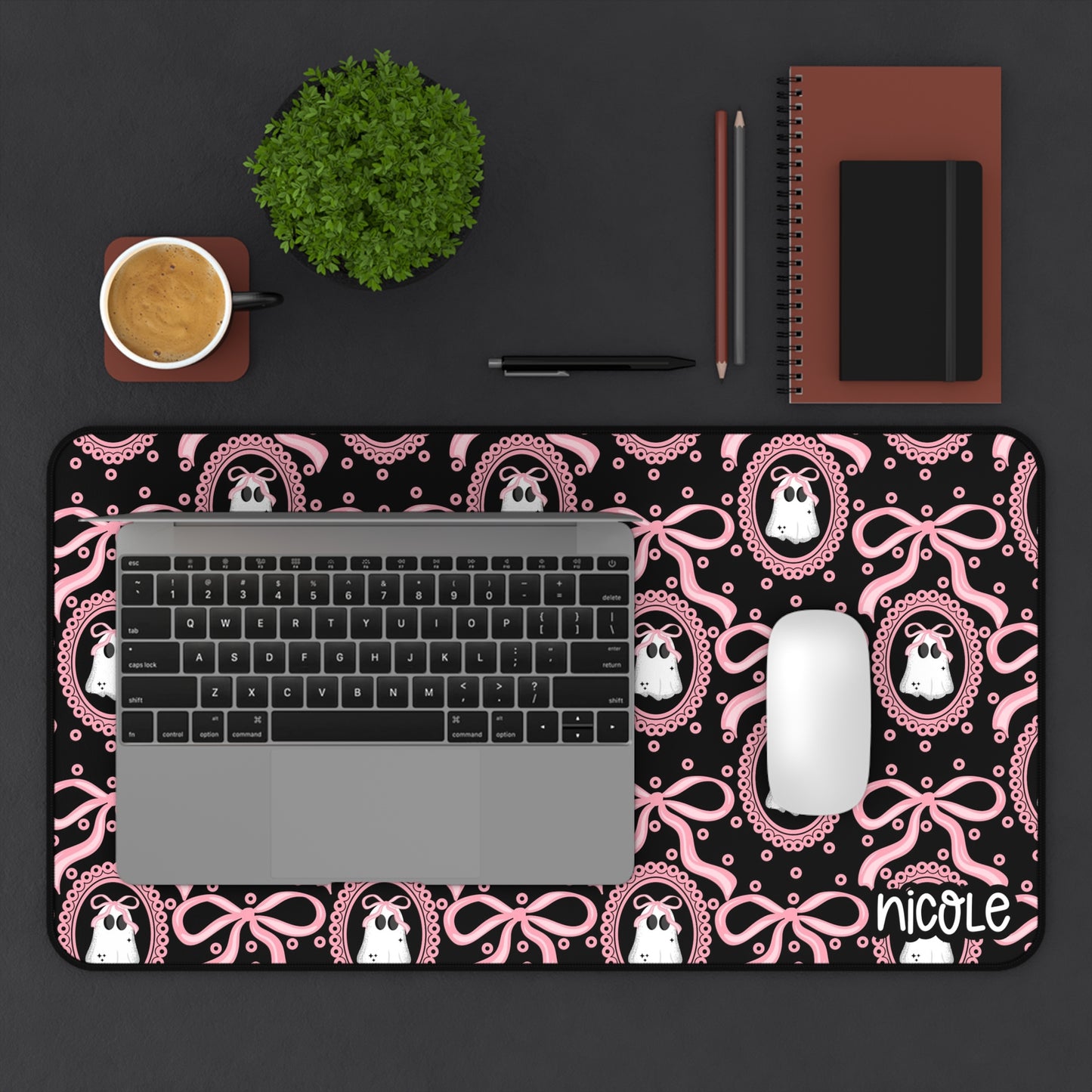 Cute Coquette Ghosty Desk Mat with Bows | Office Decor, Workstation Mat, Gamer Mouse Pad, Aesthetic Desk Accessories, Personalized Gift