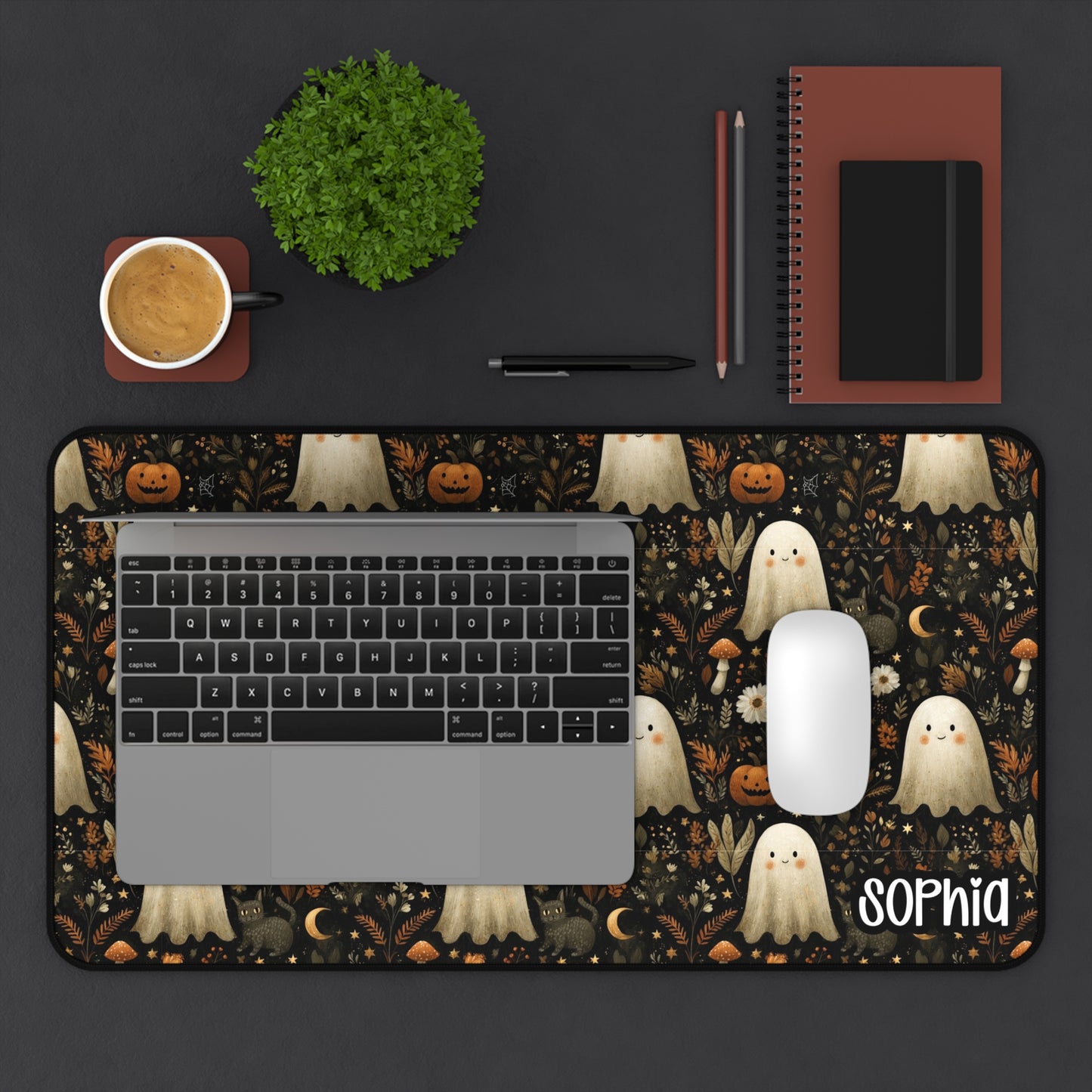 Vintage Halloween Desk Mat | Cute Ghost & Pumpkin Desk Pad | Personalized Fall Spooky Desk Decor