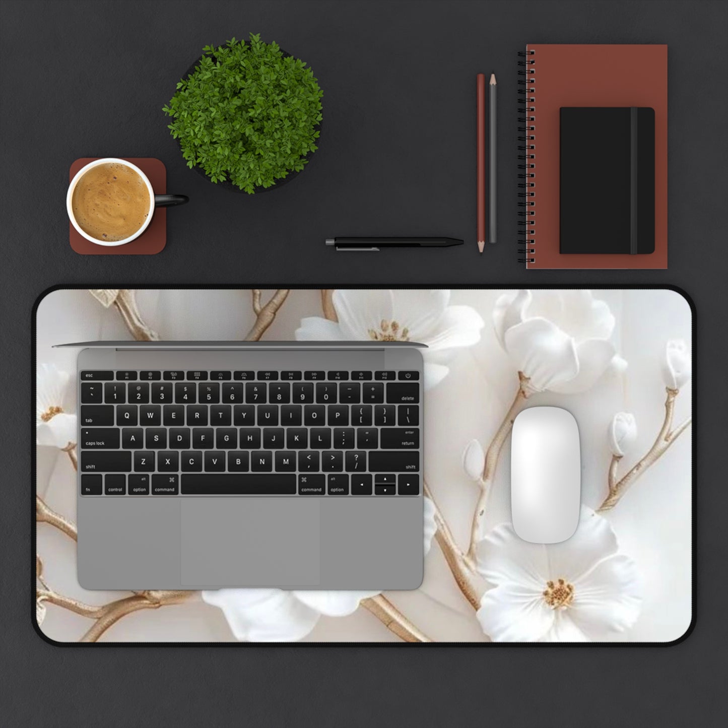 White and Gold Floral Desk Mat, Elegant Floral Desk Mat, Home Office Decor, Computer Mouse Pad, Gift for Her, Stylish Workspace Accessory