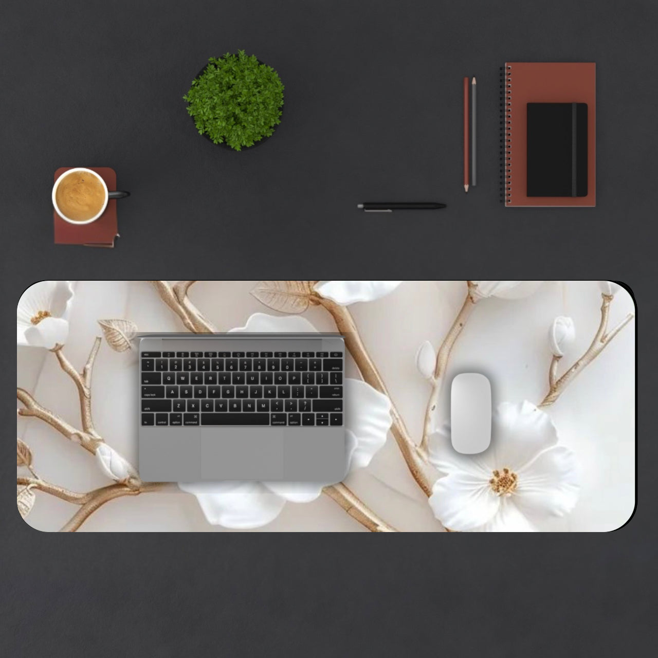 White and Gold Floral Desk Mat, Elegant Floral Desk Mat, Home Office Decor, Computer Mouse Pad, Gift for Her, Stylish Workspace Accessory
