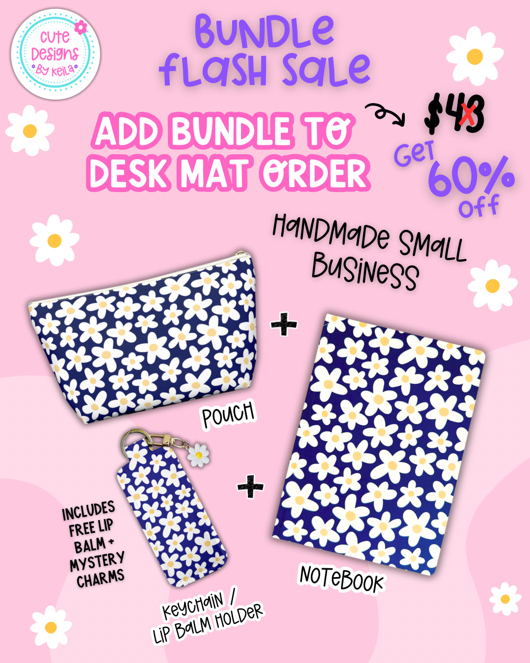 Add this bundle to your desk mat order and get it for 60% off - includes pouch, notebook & lip balm keychain holder matching your desk mat design (original value $43 - 60% discount applied at checkout)