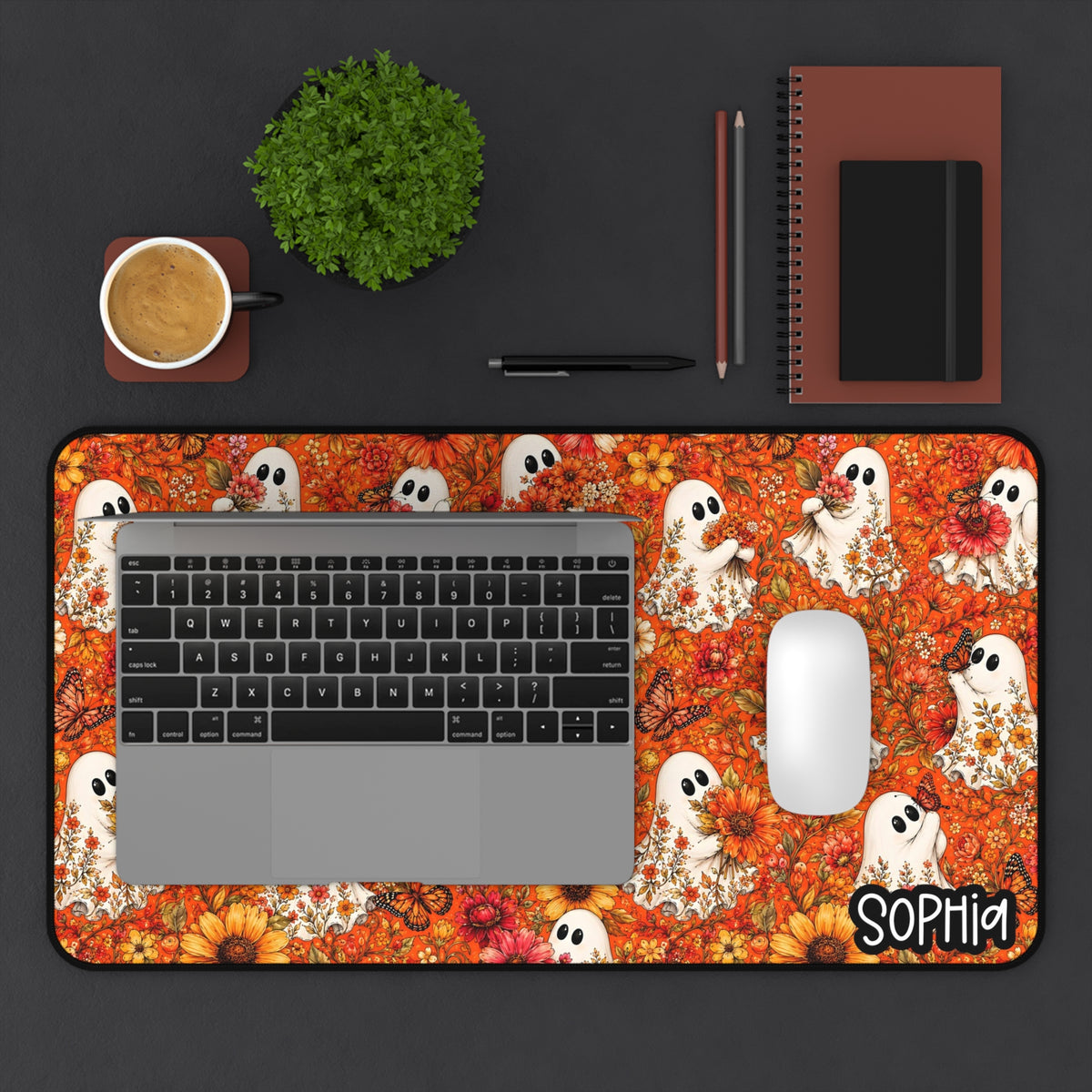 Floral Ghost Fall Desk Mat | Cute Autumn Flowers & Ghosts Desk Pad | Personalized Fall Desk Decor