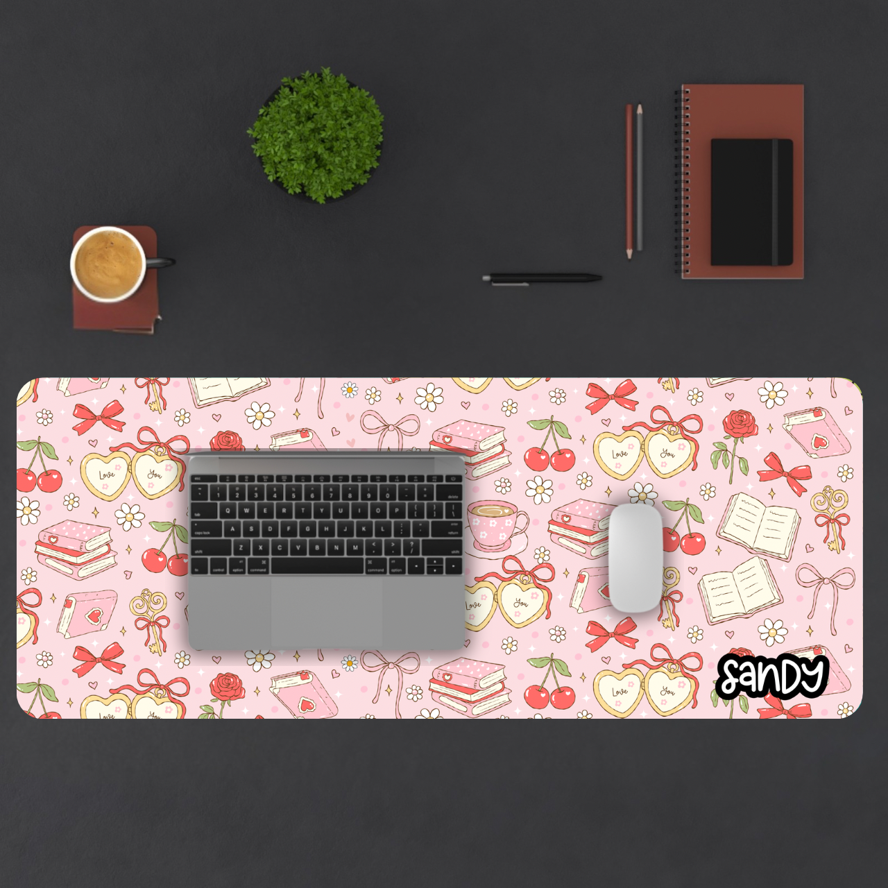 Bookish Cherry Pink Desk Mat — Cute Books, Tea & Cherry Pattern